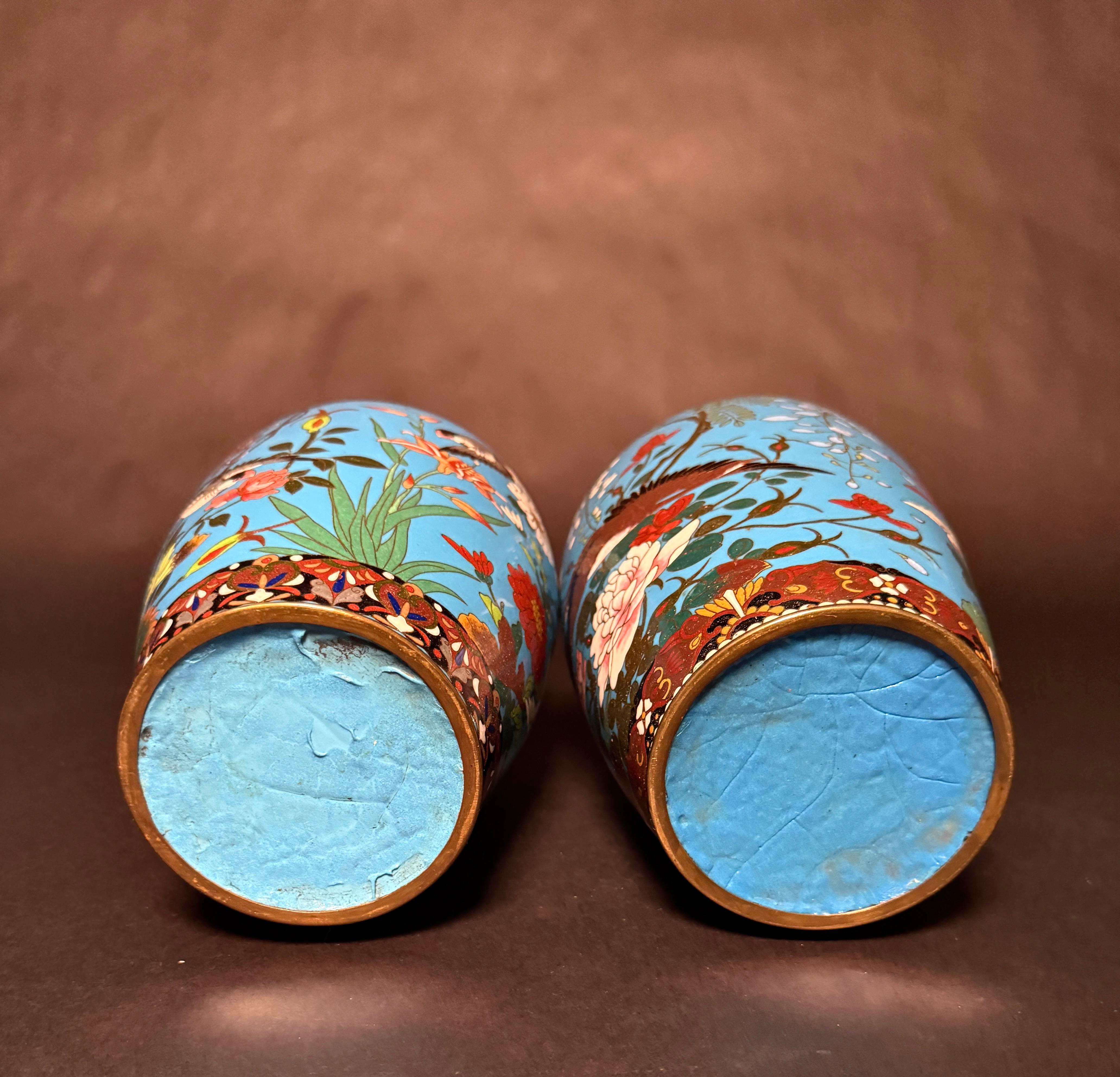 2 Japanese Meiji Period Turquoise Cloisonne Vases For Sale 4