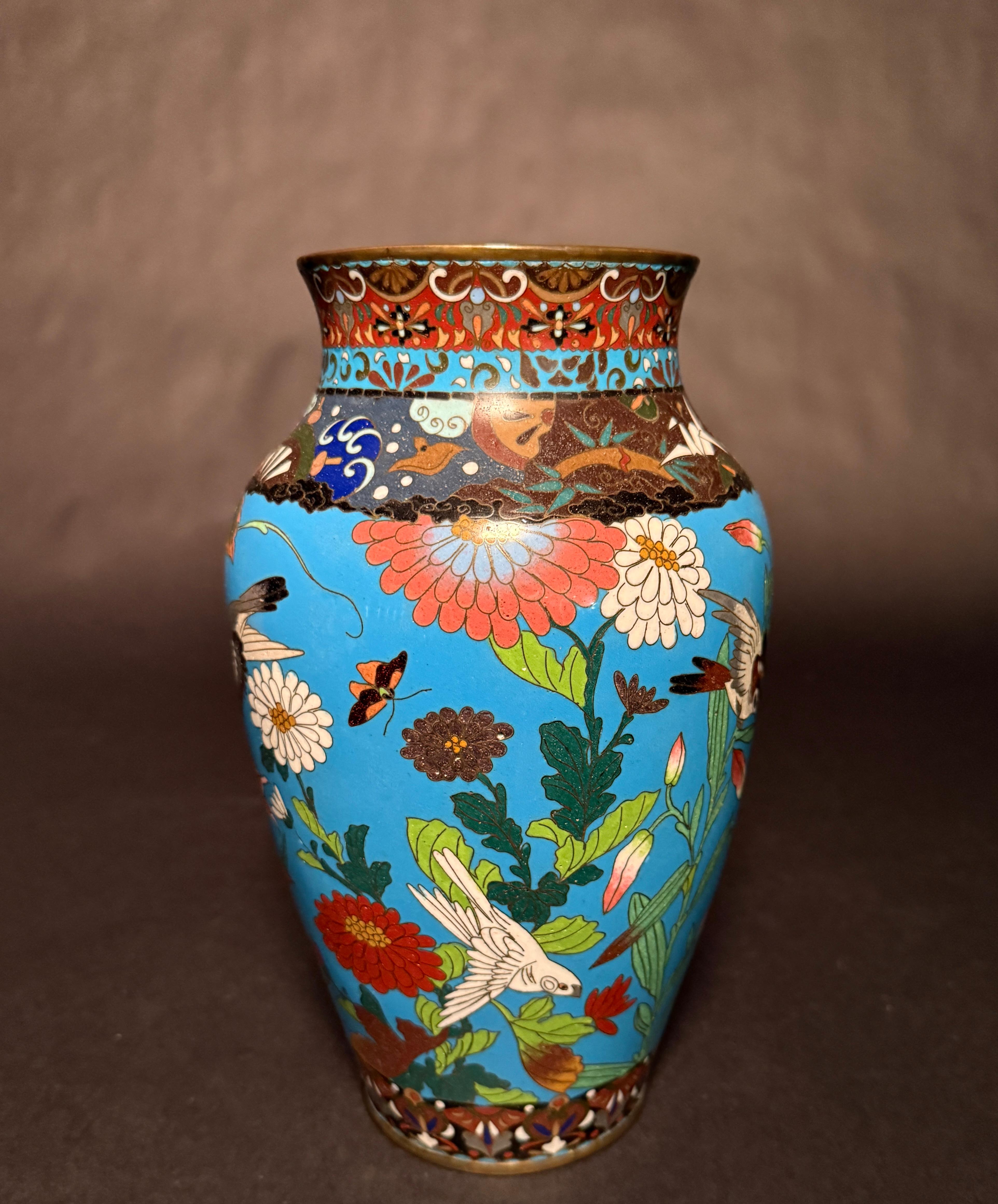 Enameled 2 Japanese Meiji Period Turquoise Cloisonne Vases For Sale