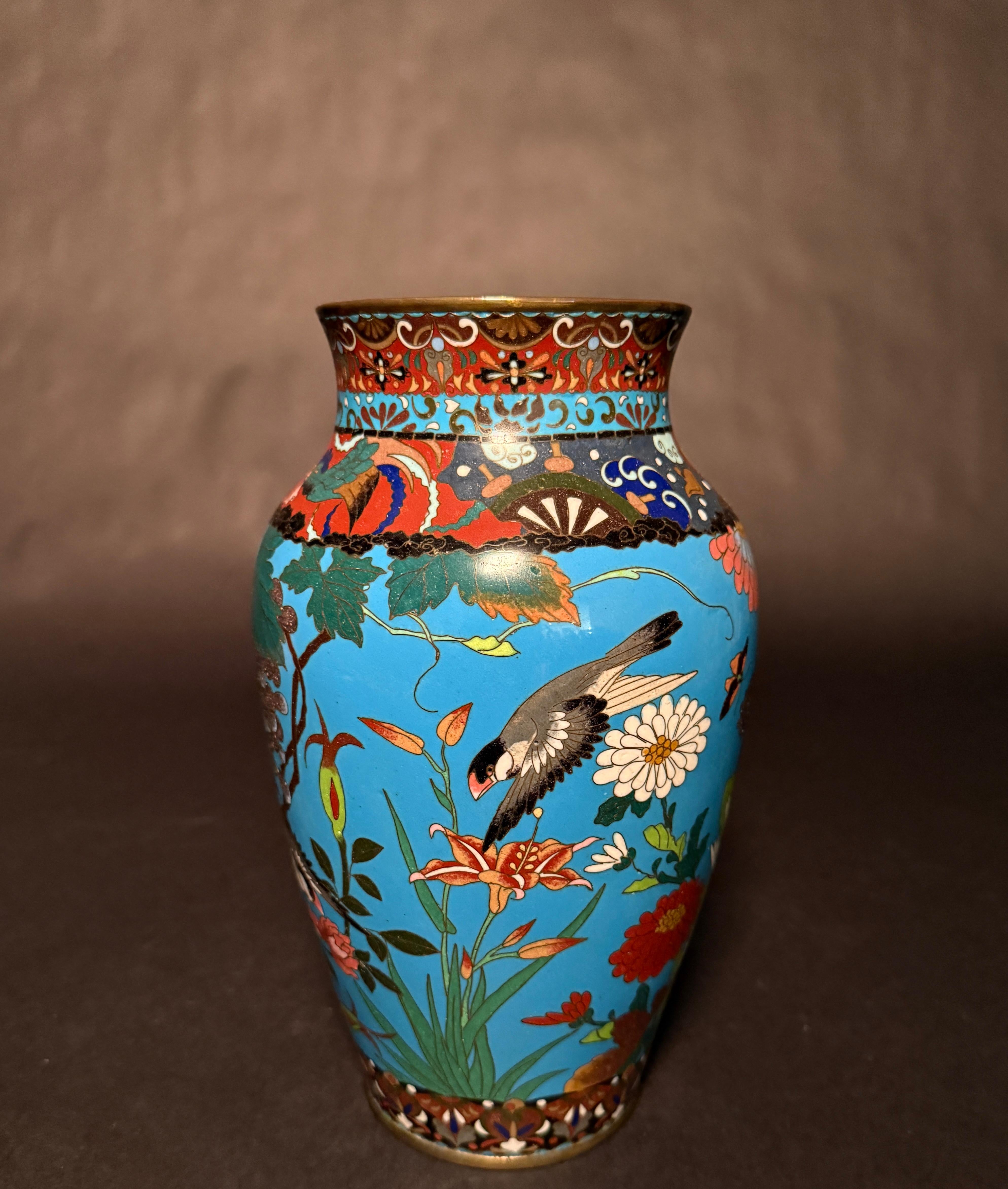 2 Japanese Meiji Period Turquoise Cloisonne Vases In Good Condition For Sale In Norwood, NJ