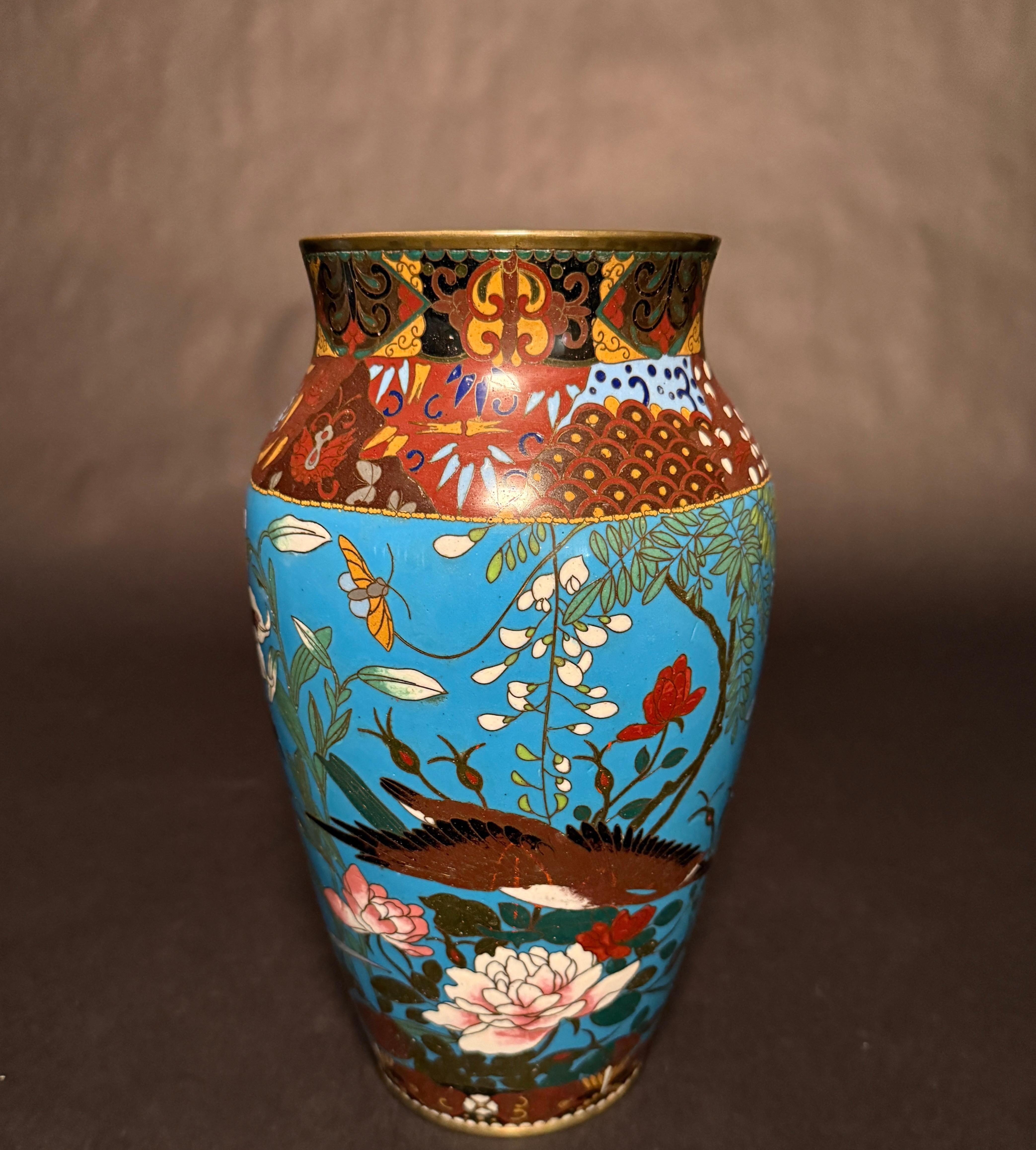 20th Century 2 Japanese Meiji Period Turquoise Cloisonne Vases For Sale