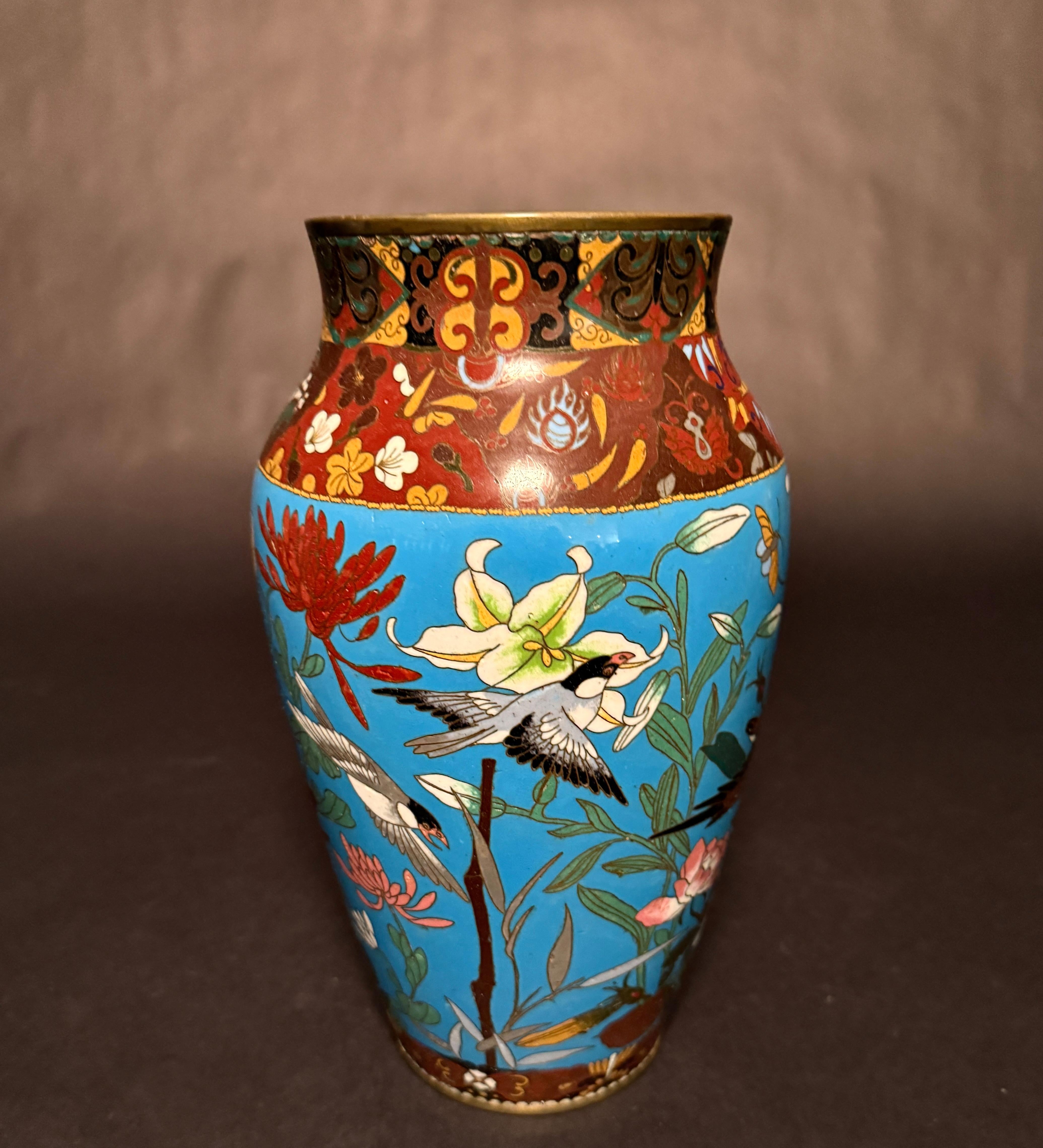 Enamel 2 Japanese Meiji Period Turquoise Cloisonne Vases For Sale