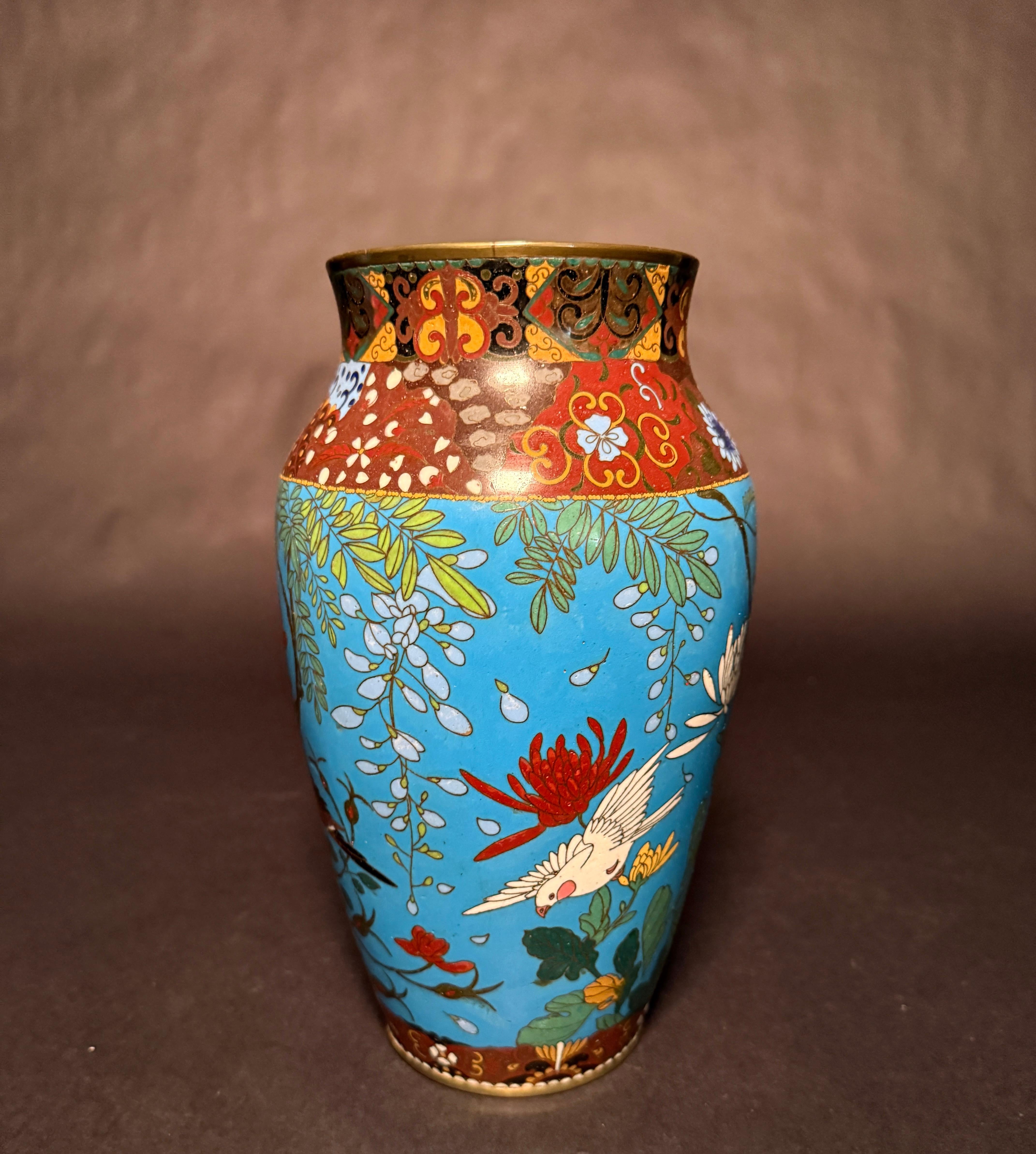 2 Japanese Meiji Period Turquoise Cloisonne Vases For Sale 2