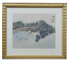 2 Japanese Pagoda Water Landscape Paintings on Silk Cherry Blossom Gold Frame