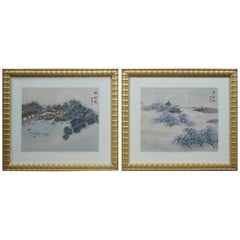 2 Japanese Pagoda Water Landscape Paintings on Silk Cherry Blossom Gold Frame