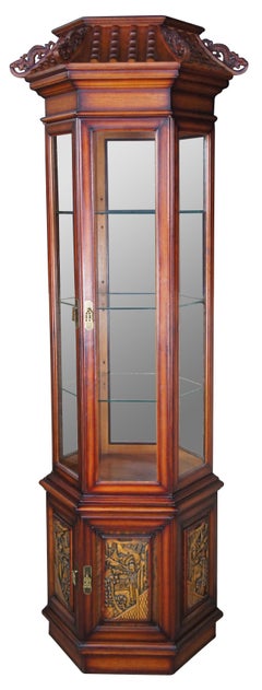2 Japanese Red Oak Dragon Carved Hexagonal Pagoda Vitrine Curio Display Cabinets