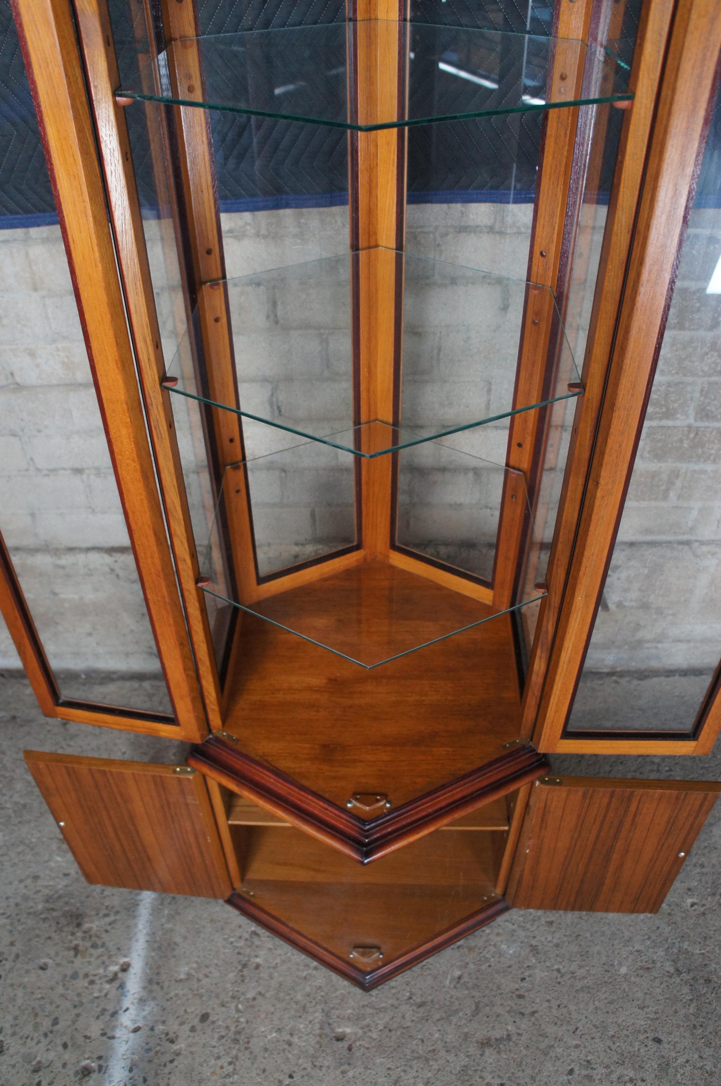 Late 20th Century 2 Japanese Red Oak Dragon Carved Hexagonal Pagoda Vitrine Curio Display Cabinets For Sale