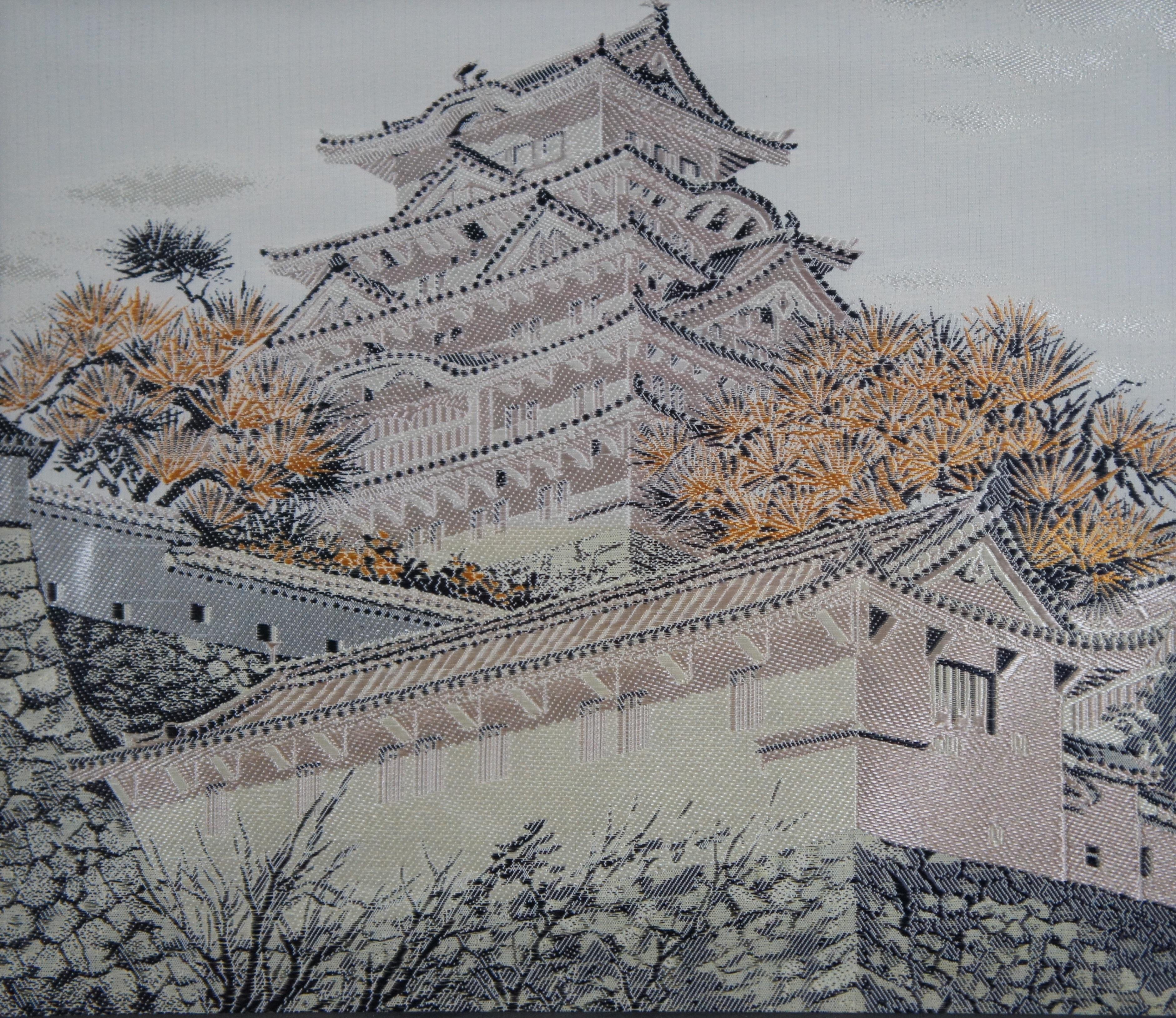 2 Japanese Silk Embroidered Framed Textiles Inume Pass Mt Fuji Himeji Castle 19
