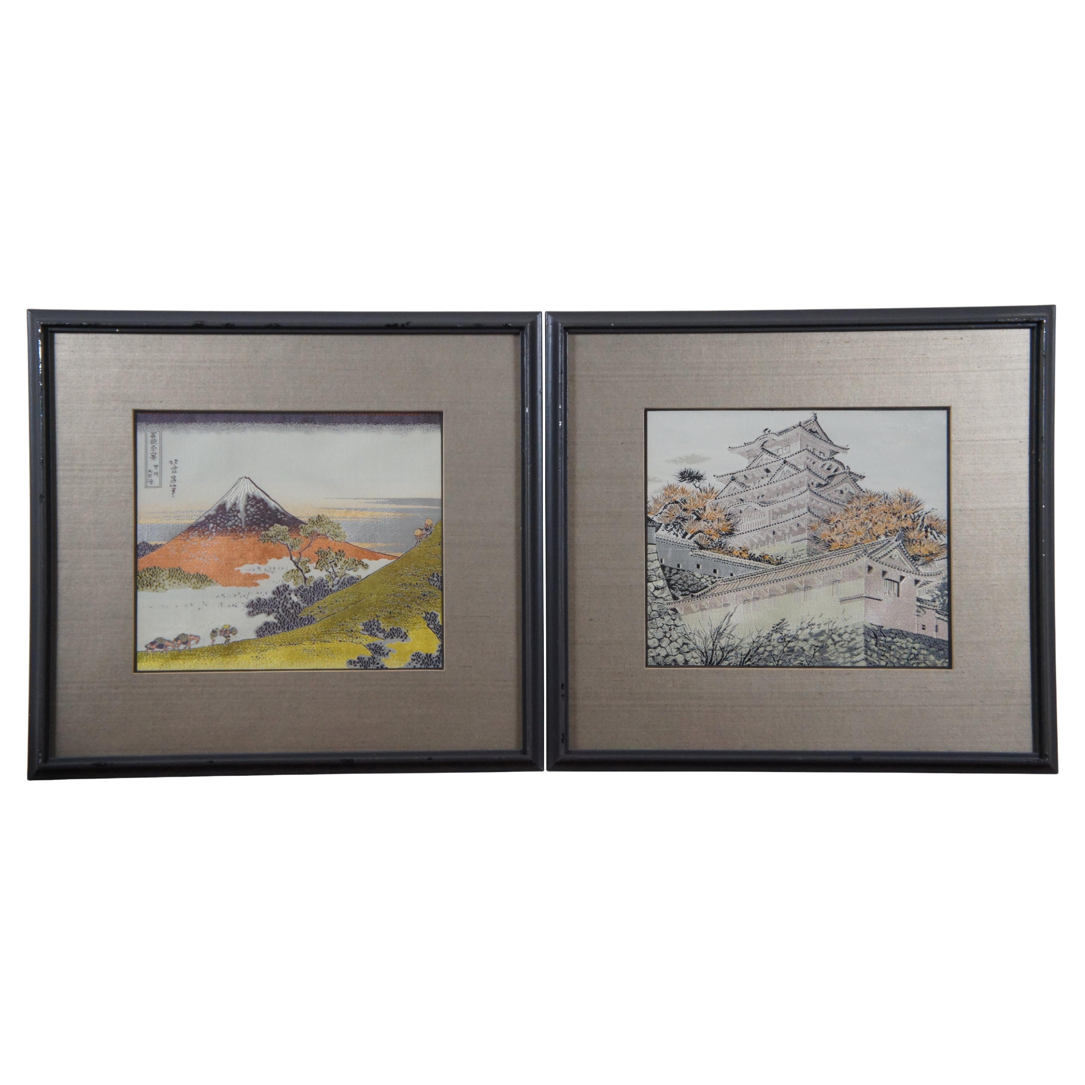 2 Japanese Silk Embroidered Framed Textiles Inume Pass Mt Fuji Himeji Castle 19" For Sale