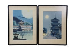 2 stampe giapponesi Tokuriki Asada Pagoda Temple Moonlight Woodblock 20"