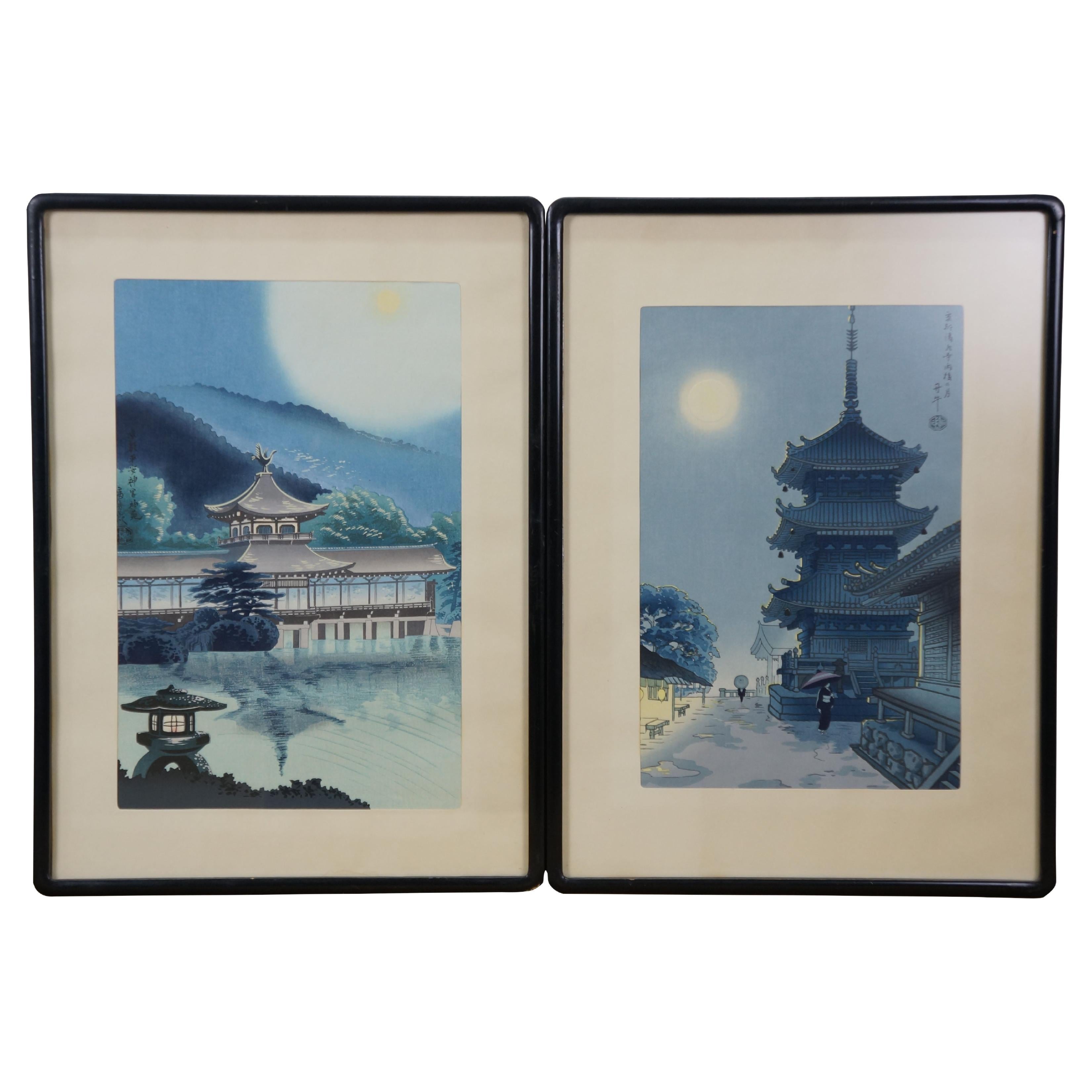 2 Japanese Tokuriki Asada Pagoda Temple Moonlight Woodblock Prints 20" For Sale
