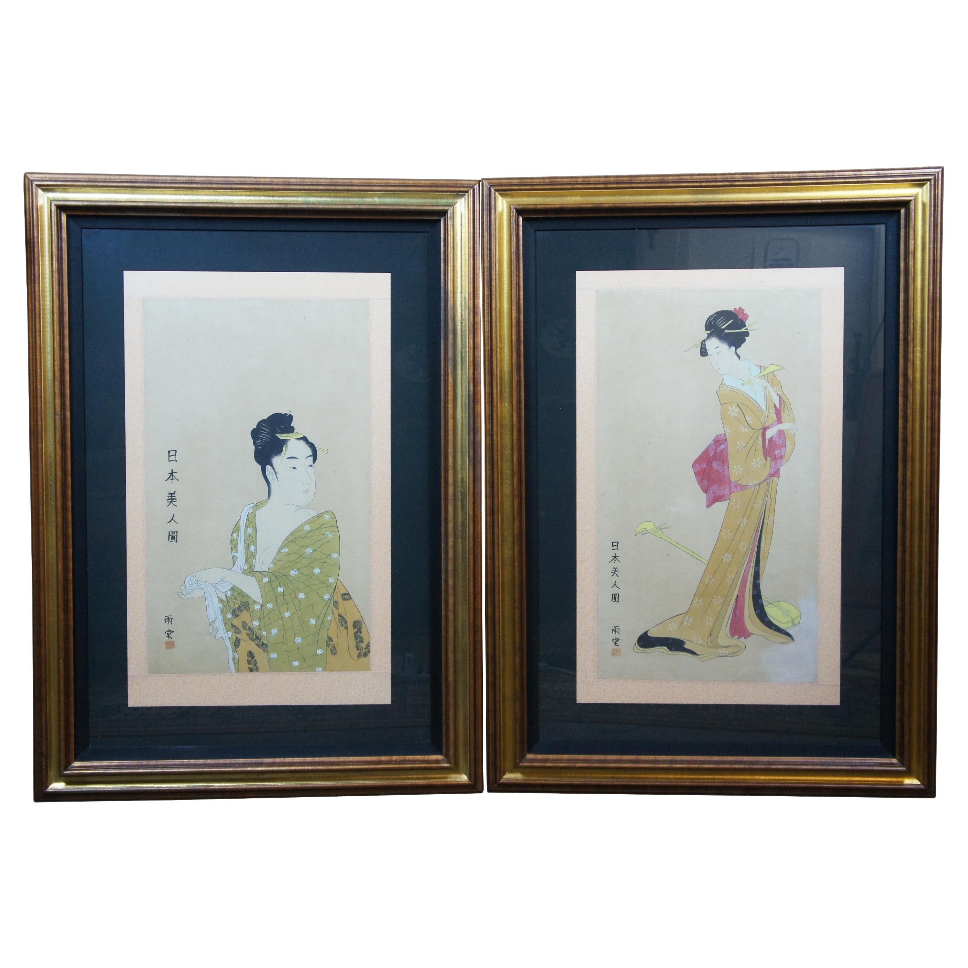 2 Japanese Ukiyo-e Geisha Woodblock Prints After Eishi & Utamaro 43" For Sale