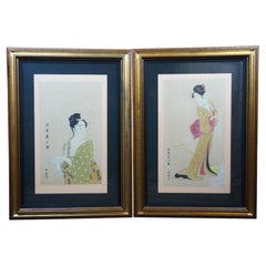 Vintage 2 Japanese Ukiyo-e Geisha Woodblock Prints After Eishi & Utamaro 43"