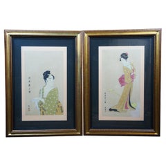 2 Japanese Ukiyo-e Geisha Woodblock Prints After Eishi & Utamaro 43"