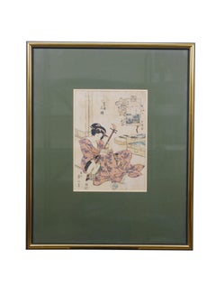 2 Japanese Ukiyo-e Kikukawa Eizan Courtesan Geisha Musician Woodblock Prints 32"