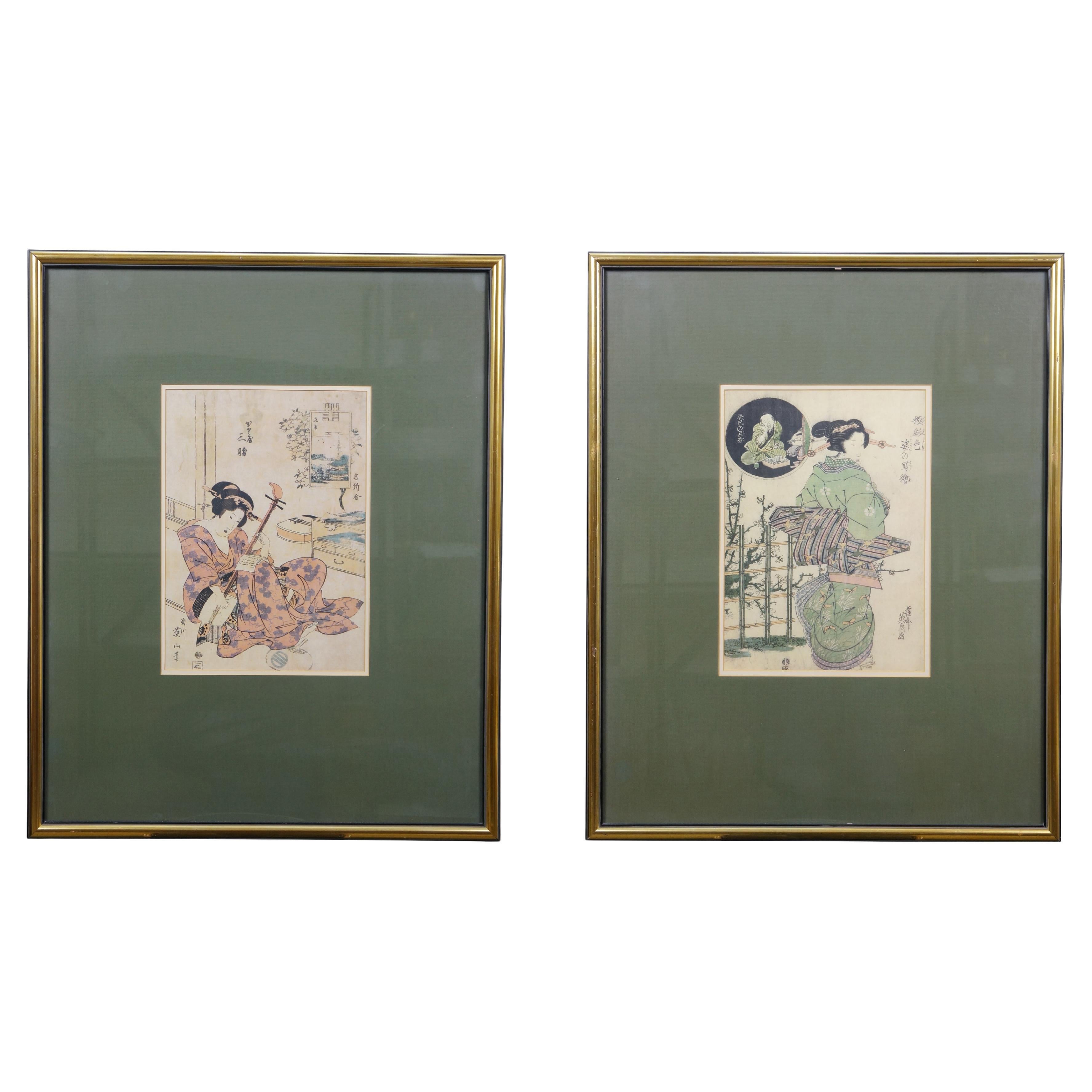 2 Gravures sur bois japonaises Ukiyo-e Kikukawa Eizan Courtisane Geisha Musicienne 32"