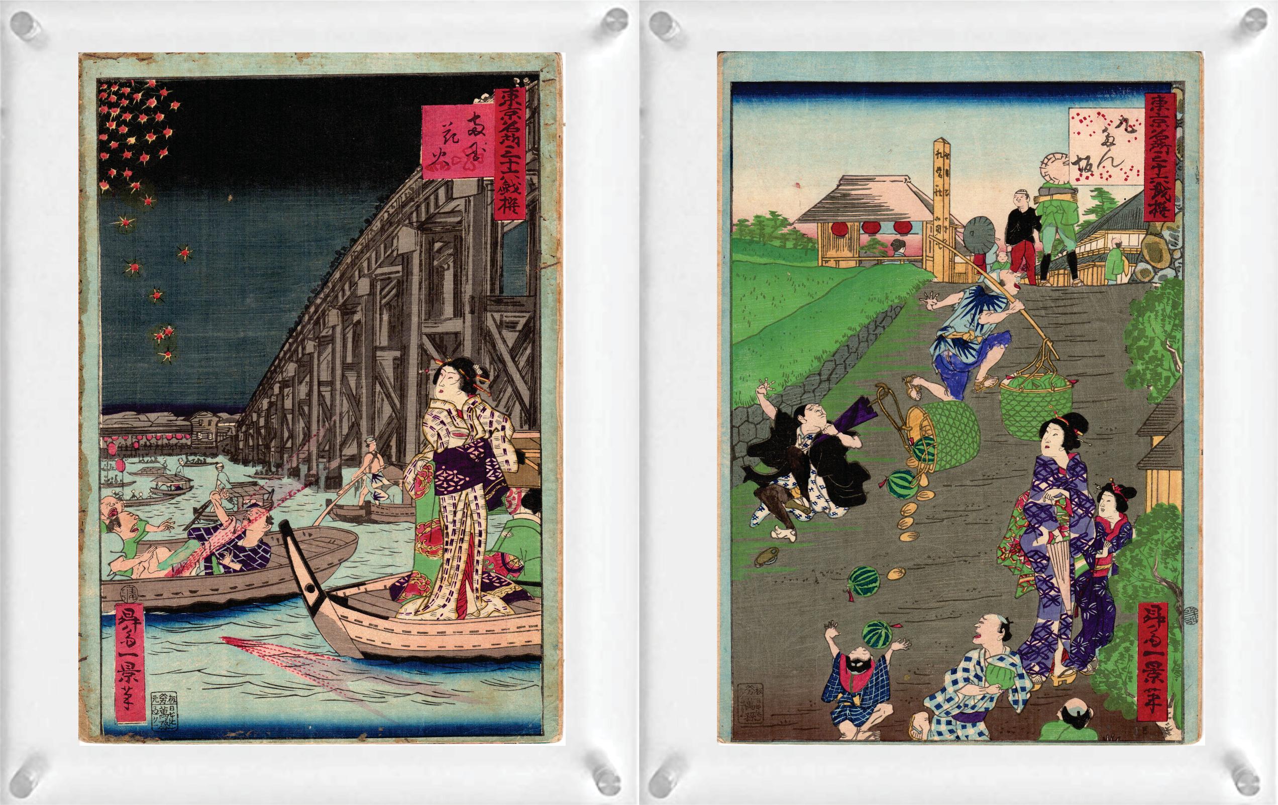 Paper 4 Japanese Woodblock Prints 'Double-Side' by Toyohara Kunichika & Shosai Ikkei  For Sale