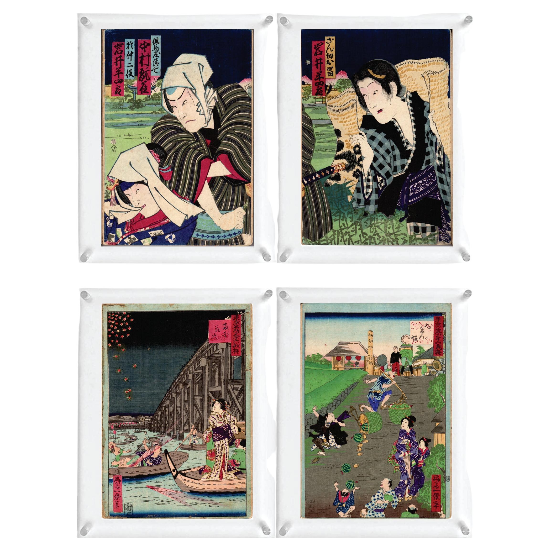 4 japanische Holzschnittdrucke „Double-Side“ von Toyohara Kunichika & Shosai Ikkei 