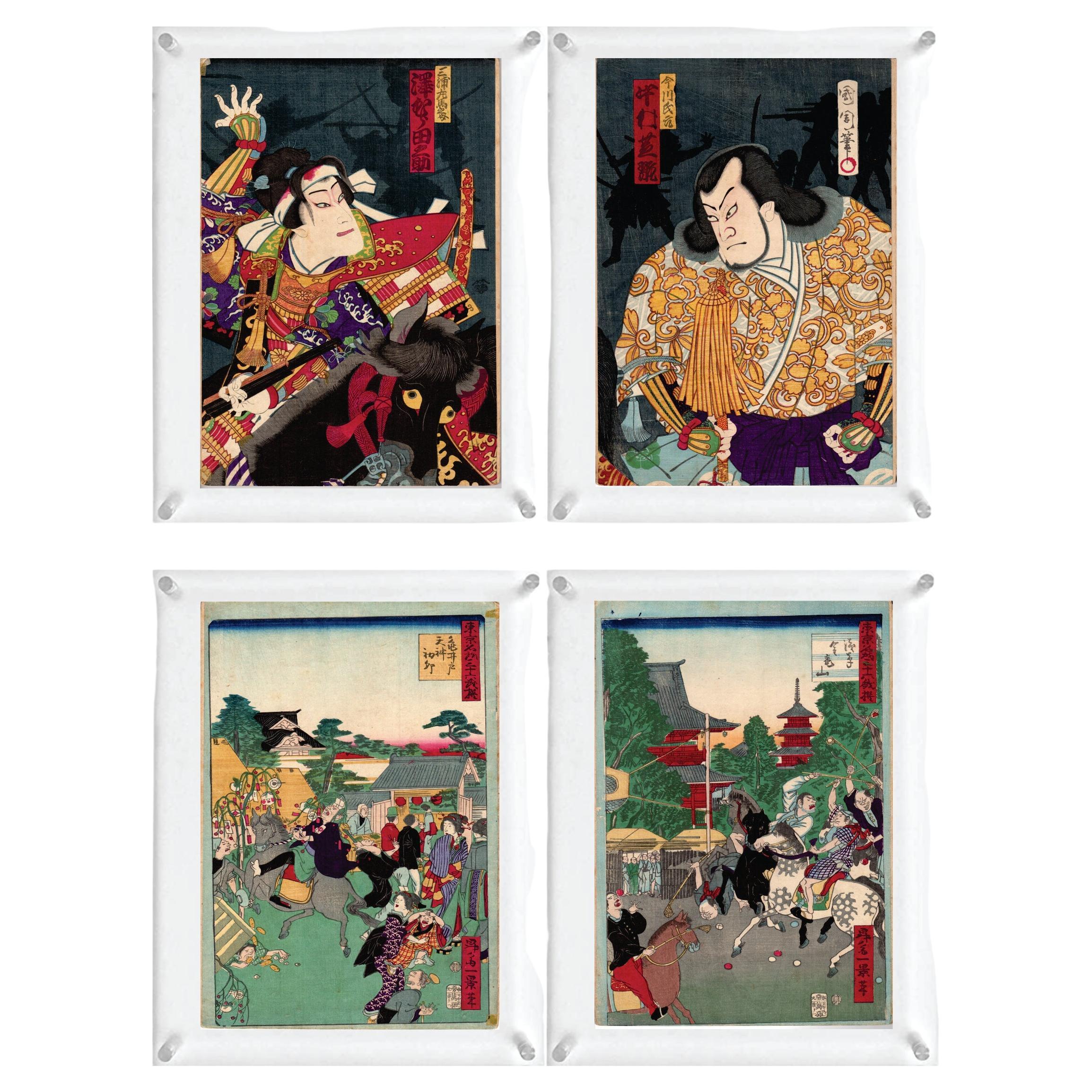 4 Japanese Woodblock Prints 'Double-Side', Toyohara Kunichika & Shosai Ikkei #2 For Sale