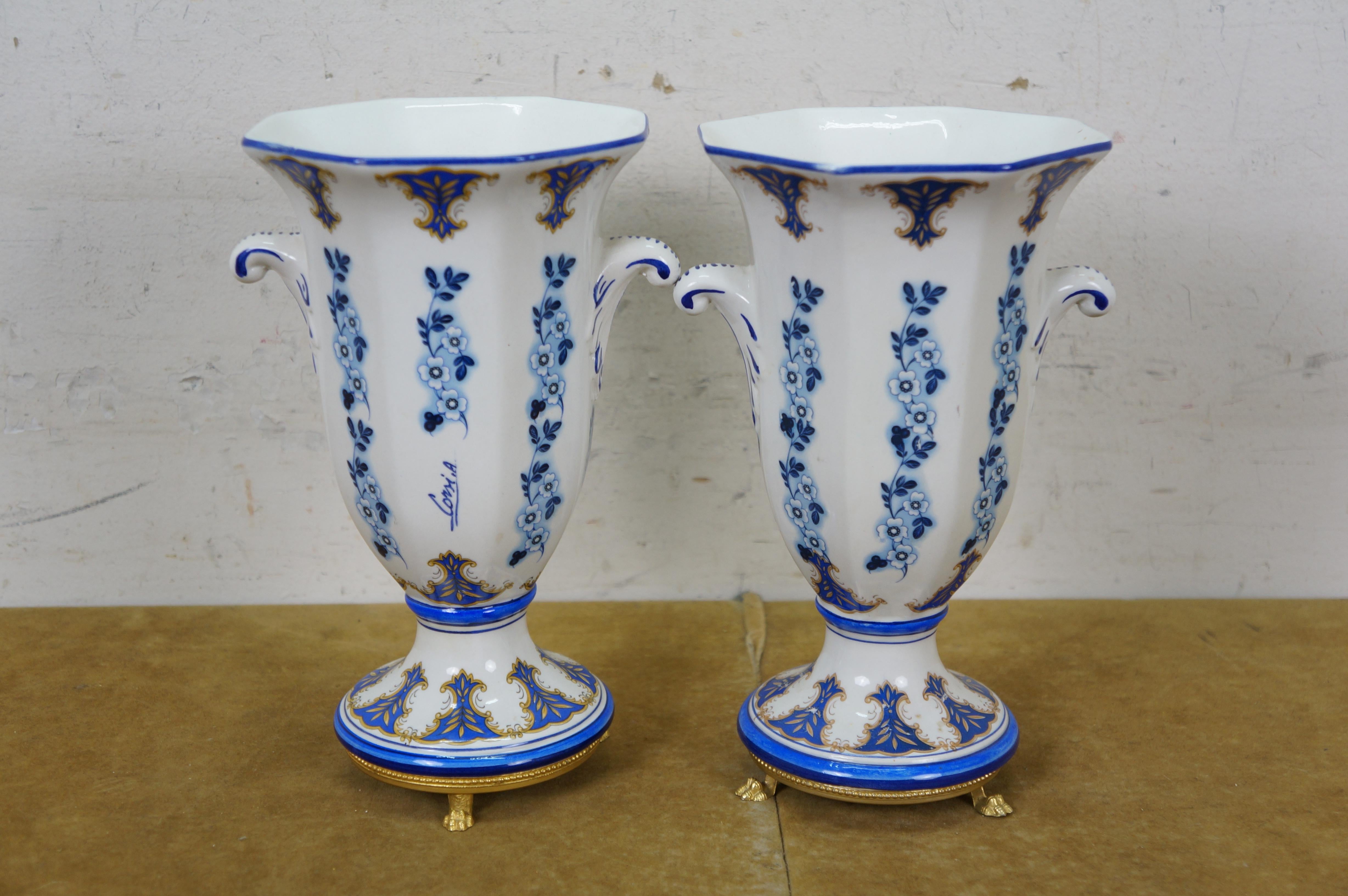 2 JB Corsi Vases de cheminée en porcelaine italienne bleue et blanche avec fleurs Urnes 9