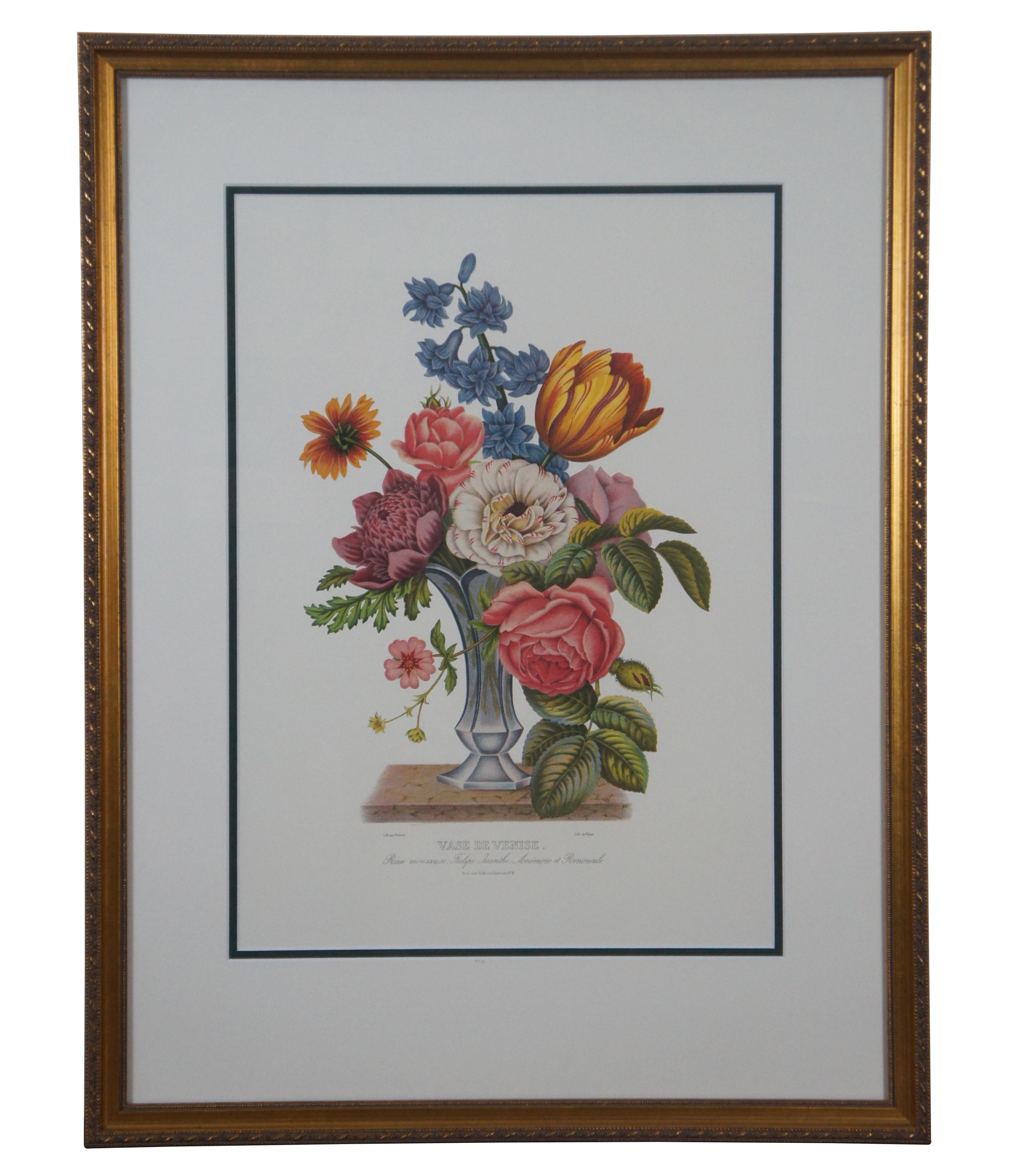 Pair of vintage reproduction prints of lithographs by Jean Louis Prevost, Vase de Venise and Vase Verre de Couleur. Jean Louis Prevost (1760 - 1810) was active/lived in France. Jean Prevost is known for Floral still life, botanical