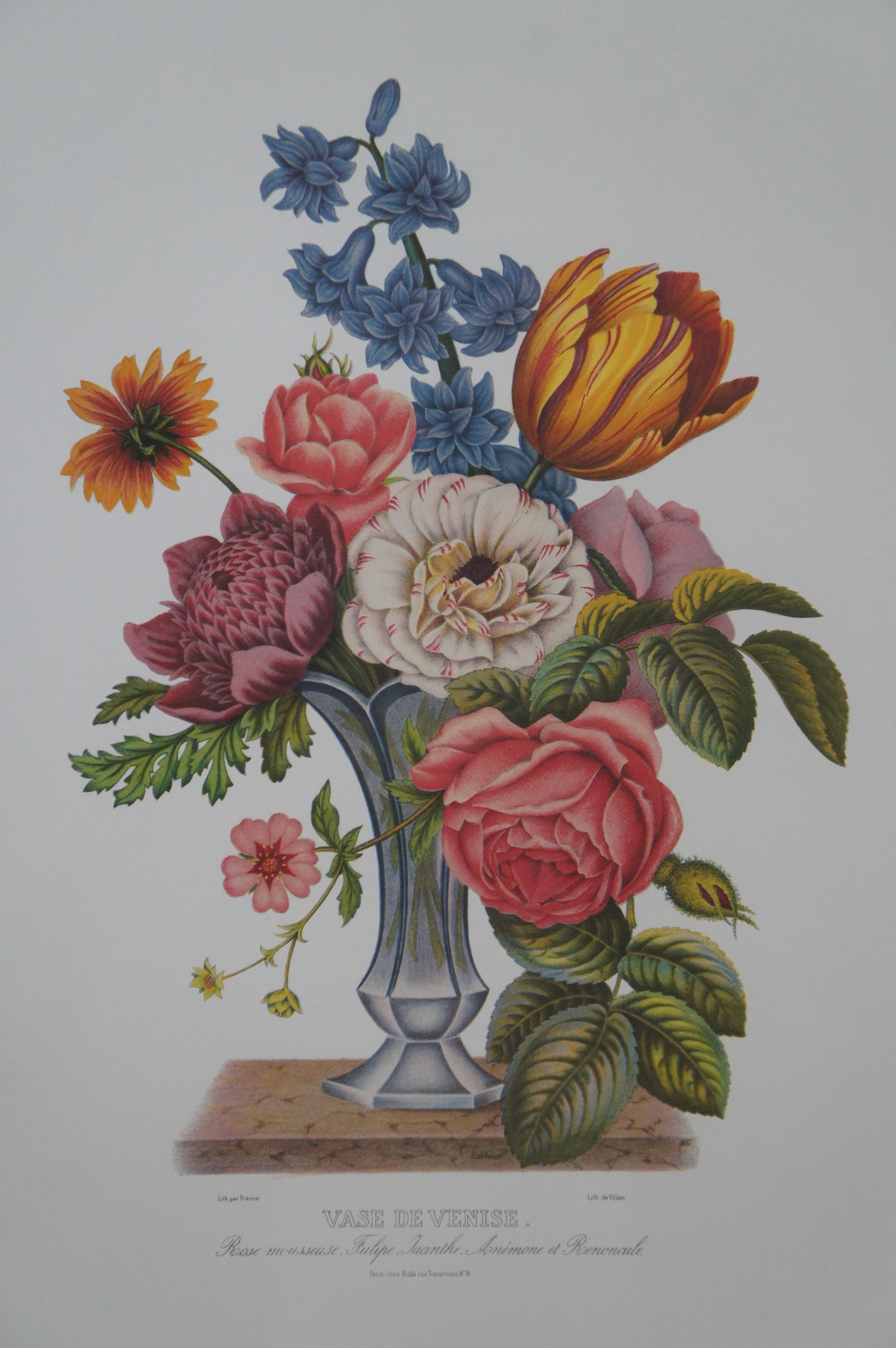 20th Century 2 Jean Louis Prevost Botanical Floral Prints Vase Venise Verre De Couleur