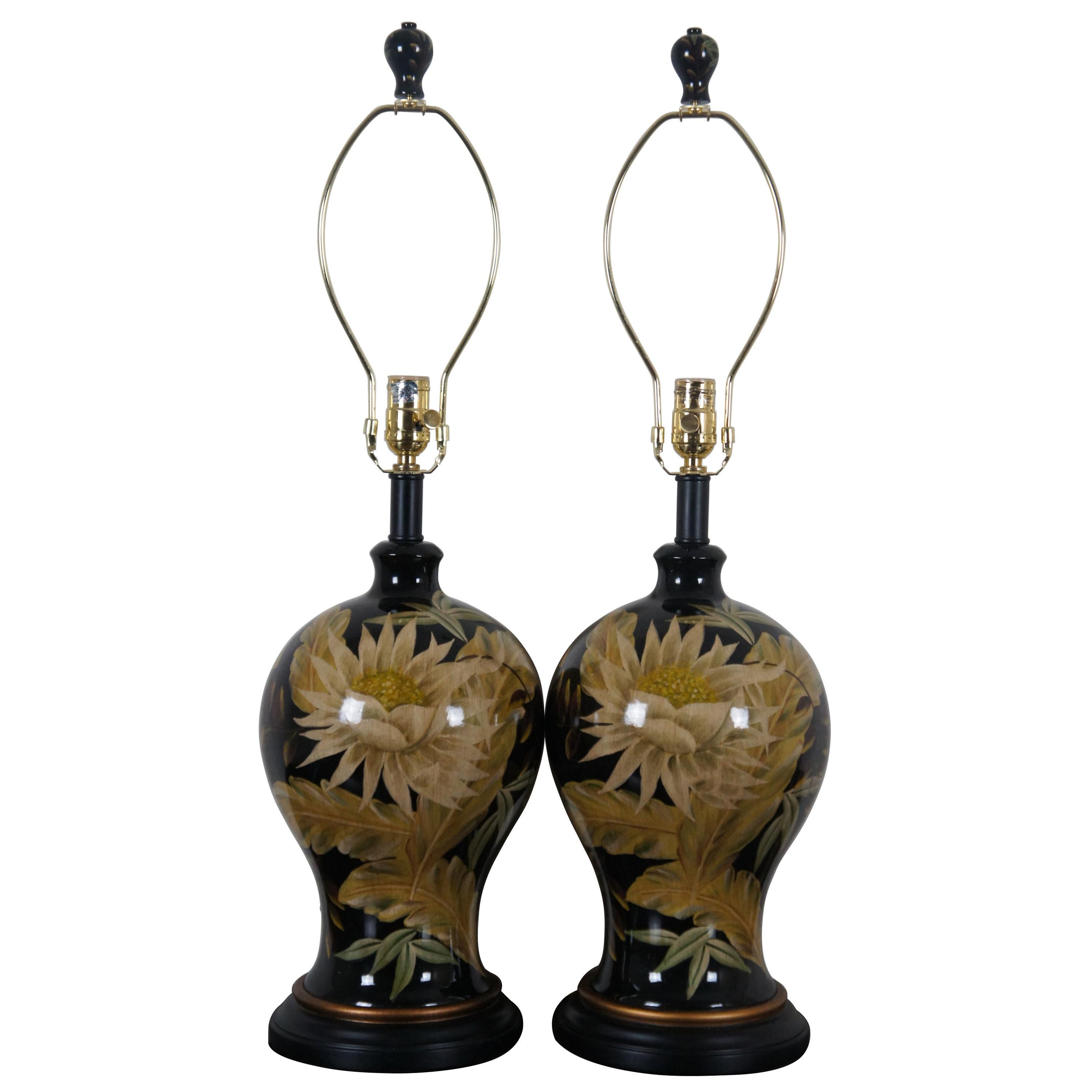 2 John Richard Floral Painted Black Porcelain Table Lamps Chinoiserie Light Pair