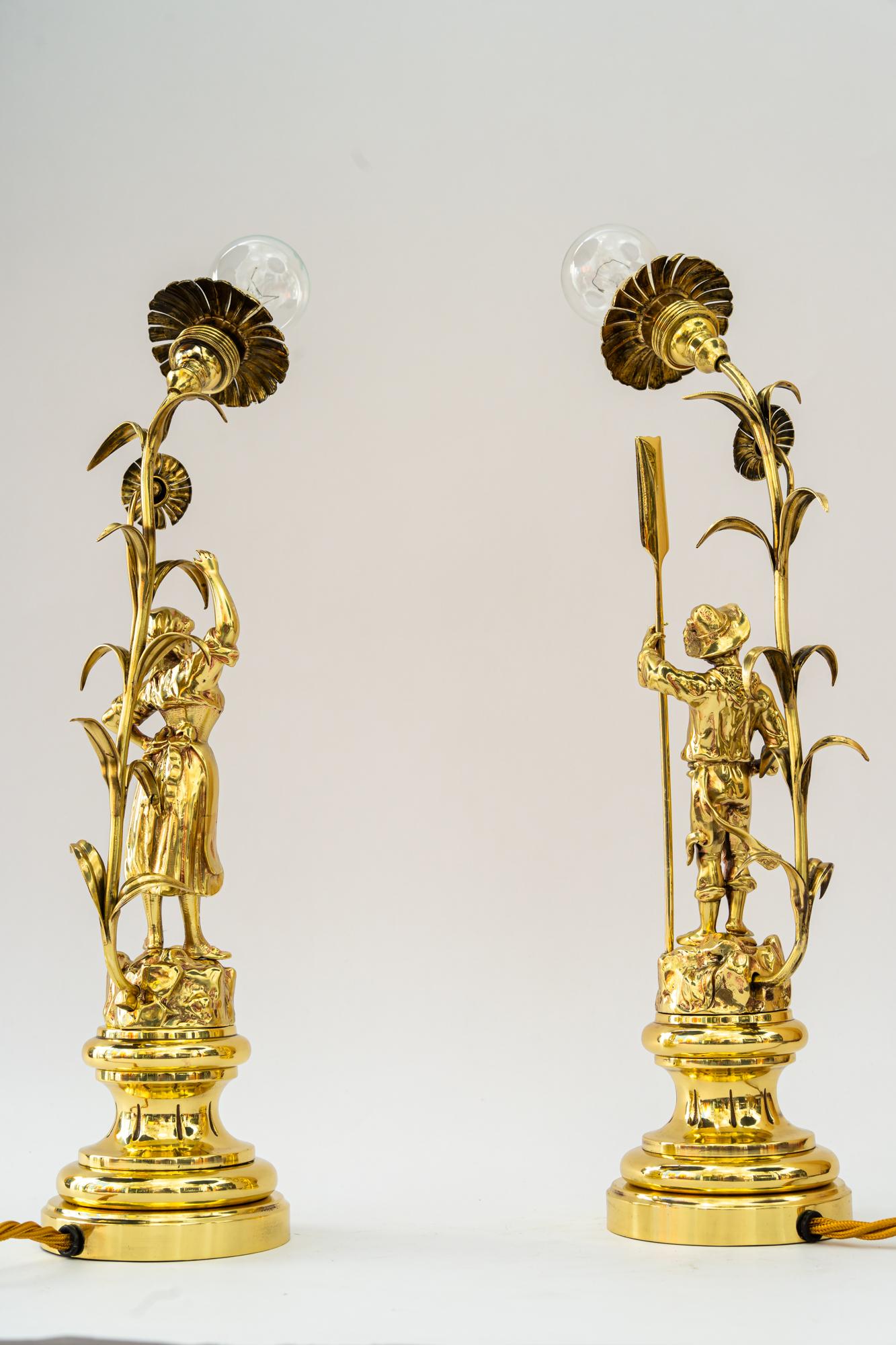 Brass 2 jugendstil table lamps vienna around 1908 For Sale