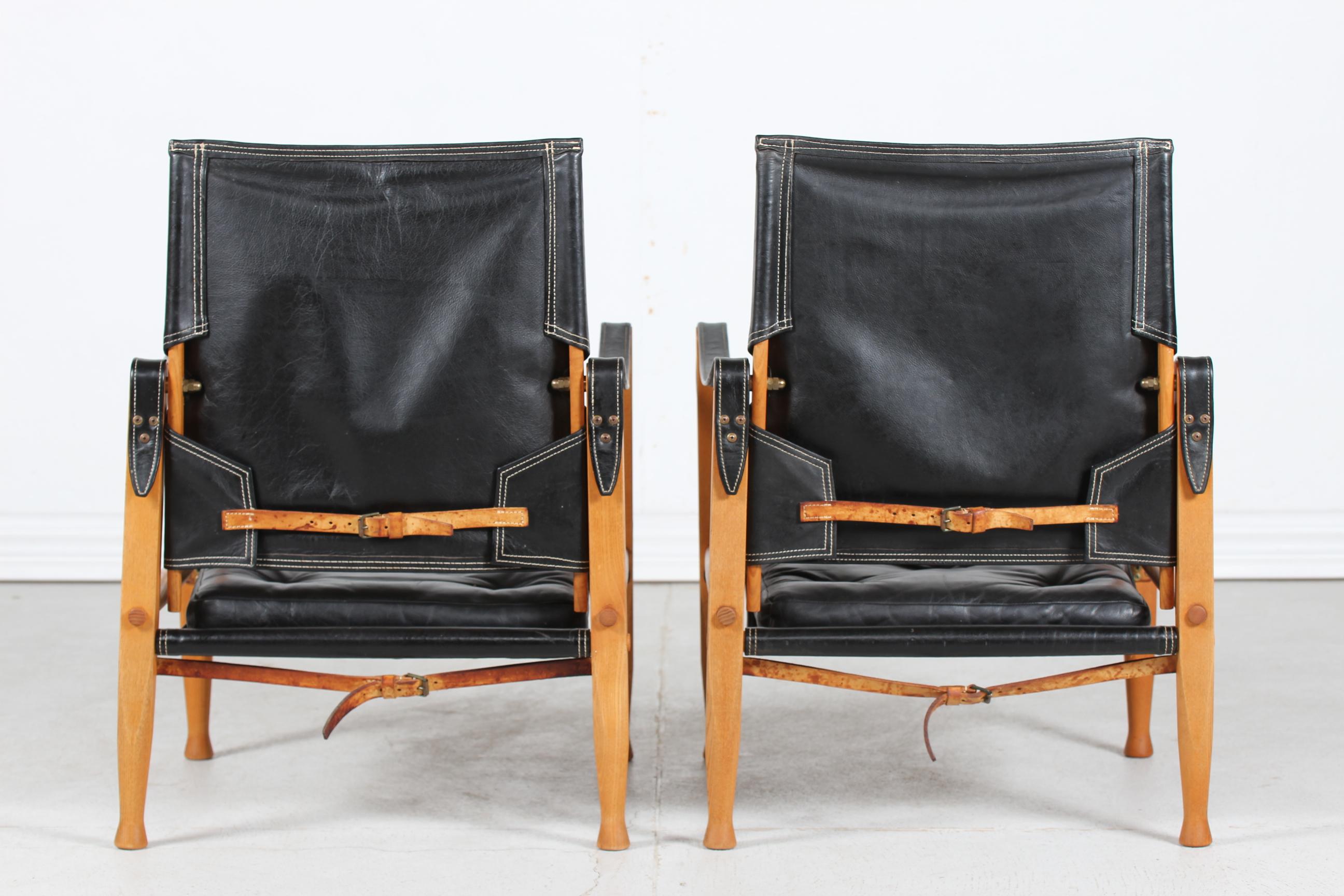 2 Kaare Klint Safari Chairs with Black Leather by Rud Rasmussen, Denmark 1960s  3