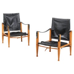 2 Kaare Klint Safari Chairs with Black Leather by Rud Rasmussen, Denmark 1960s 