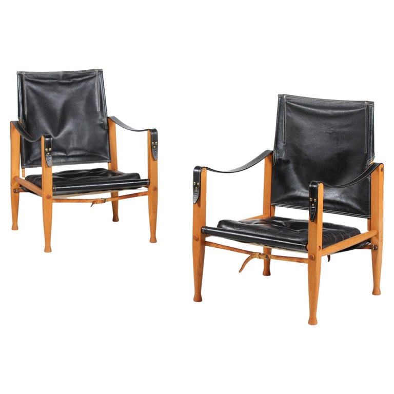 2 Kaare Klint Safari Chairs with Black Leather by Rud Rasmussen, Denmark  1960s For Sale at 1stDibs
