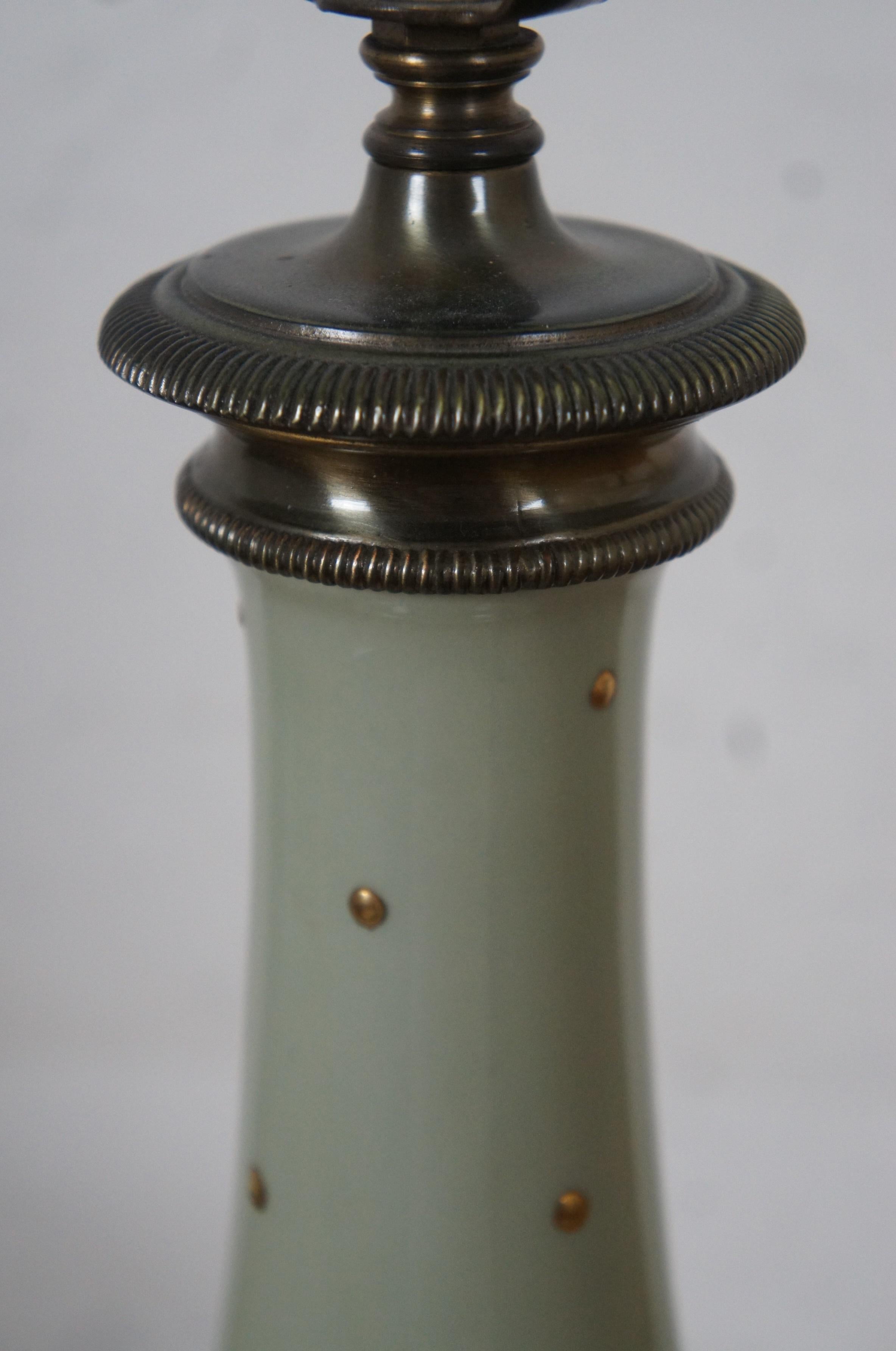 20th Century 2 Kichler Mid-Century Sage Green Porcelain Mantel Urn Vase Table Lamps