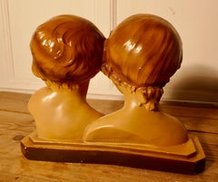 2 Kitsch Plaster Figure of Smiling a Boy and Girl Children