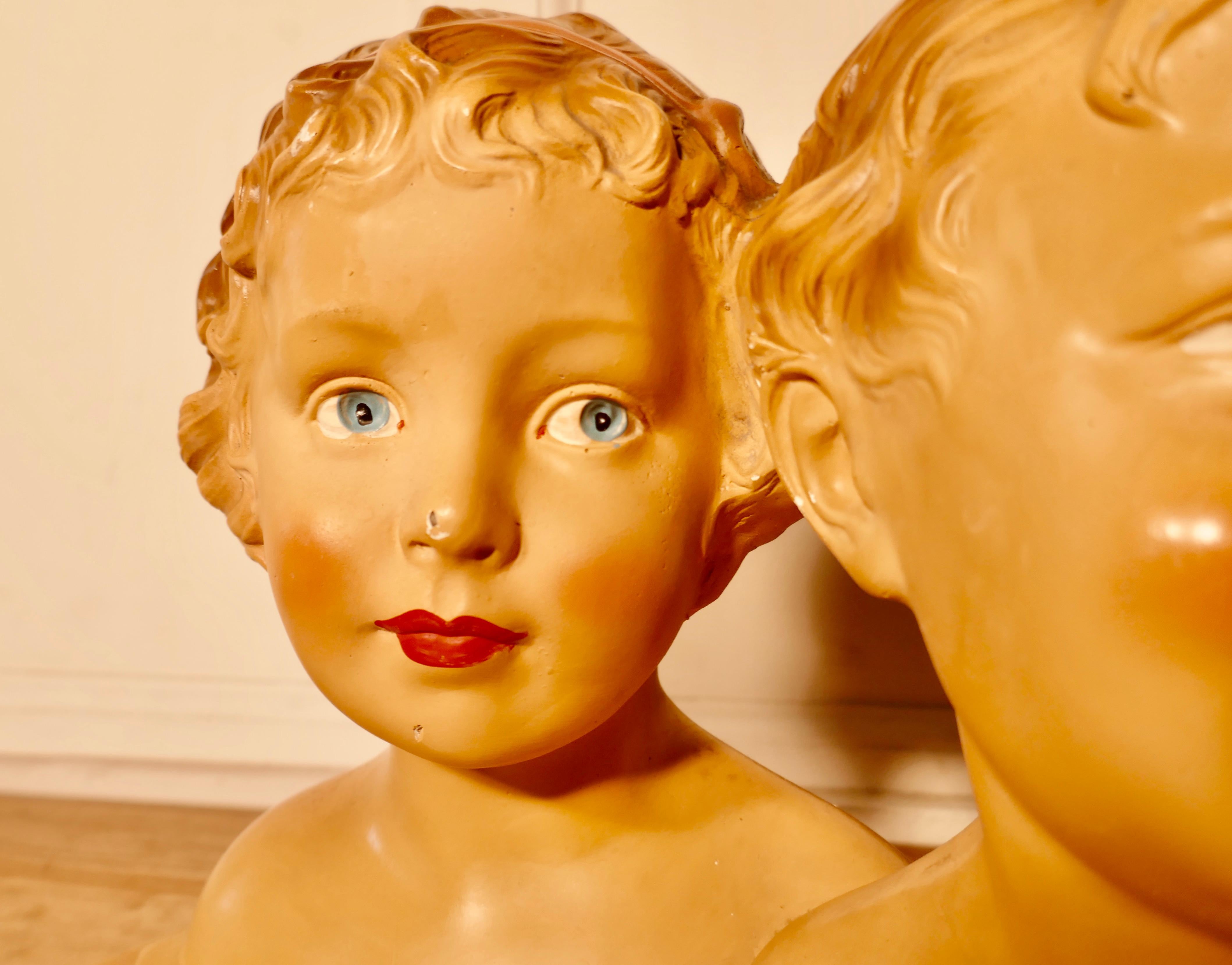 Mid-20th Century 2 Kitsch Plaster Figure of Smiling a Boy and Girl Children