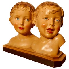 2 Kitsch Plaster Figure of Smiling a Boy and Girl Children