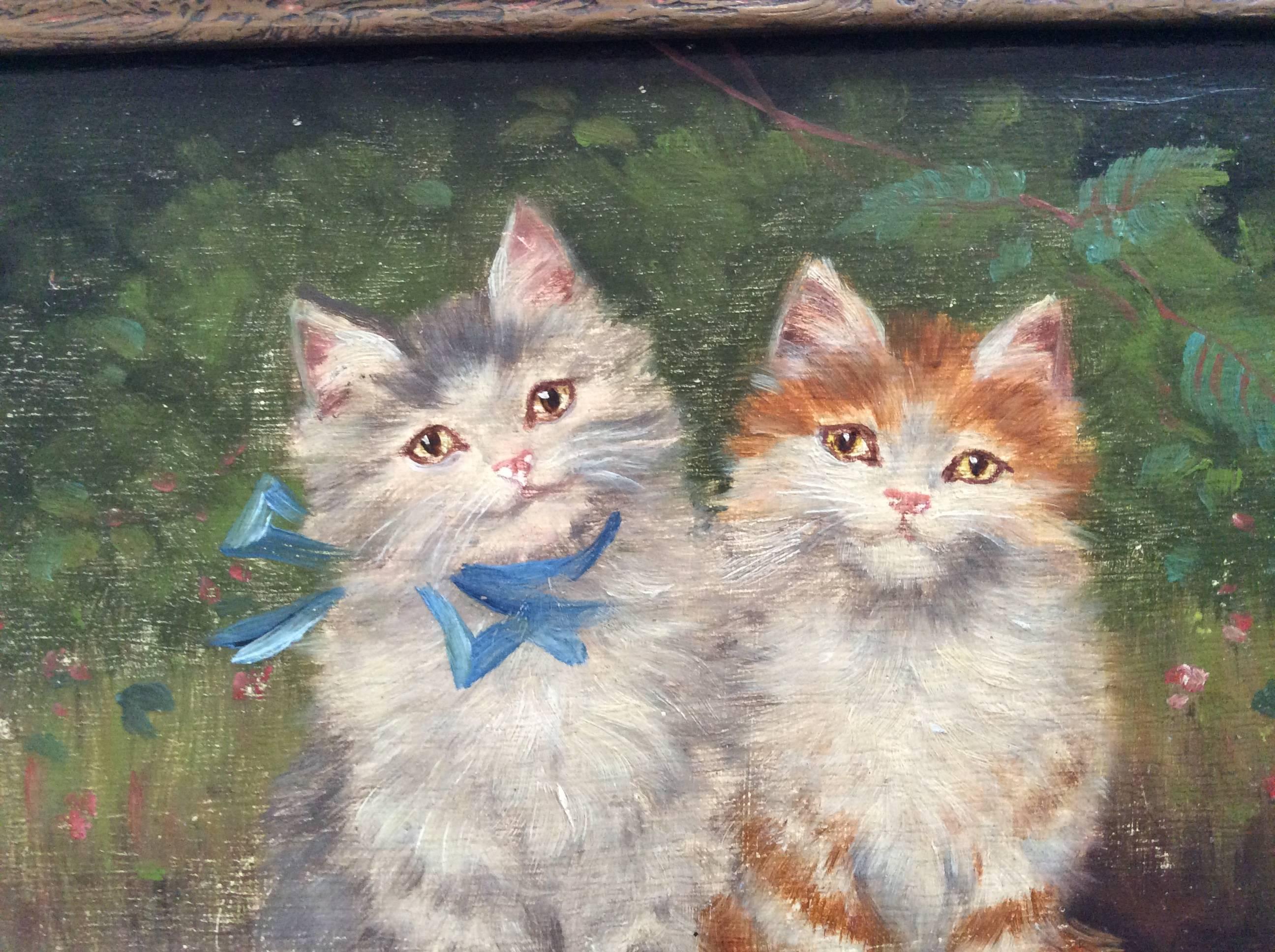 Romantic Two Kittens, Painting on Wood For Sale