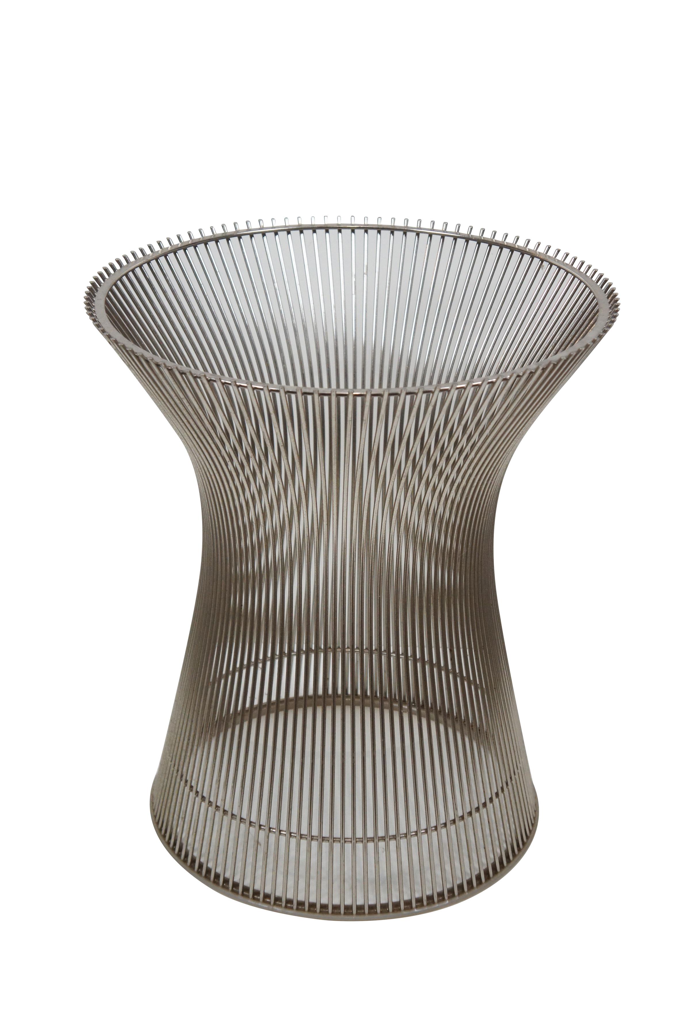 Pair of Knoll wire side / end table bases designed by Warren Platner. Airy steel wire rod construction in a drum-like shape with a plastic ring to protect floors. Mid century modern styling. Polished nickel finish. No Glass Tops