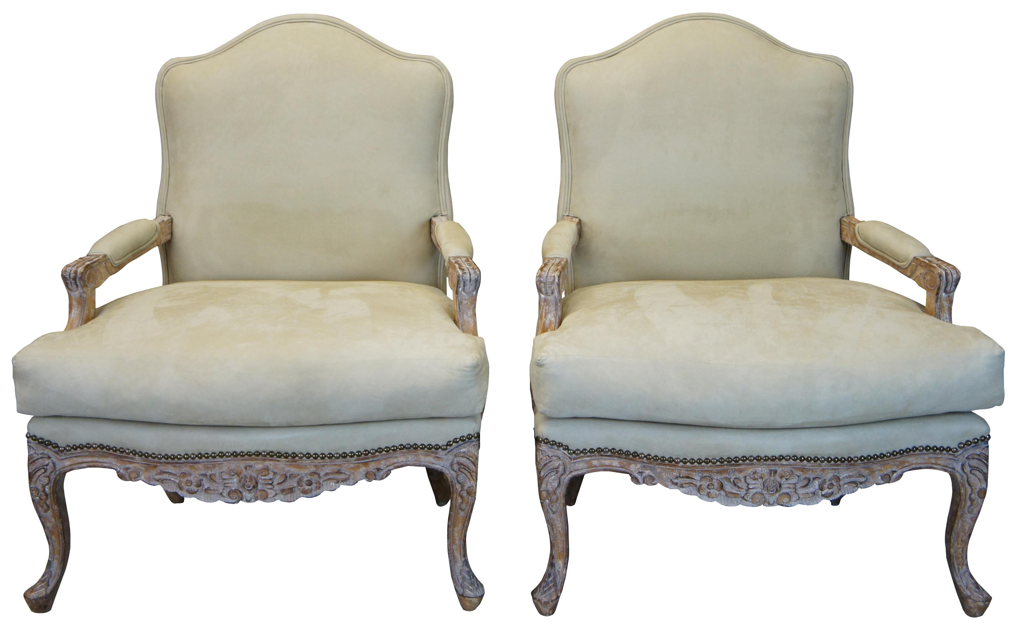 Relax in the Marquesa lounge chair. Feather and down filled cushions rest upon the oversized hand carved wood frame infusing comfort and elegance. Includes Ottoman. A nice blend of French Louis Xv, Spanish and Mediterranean styling. Upholstered in