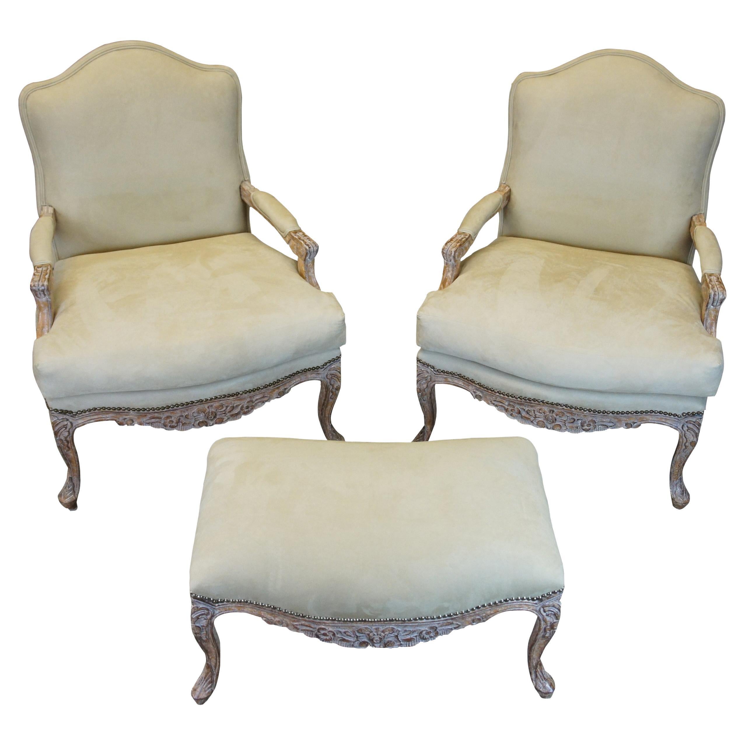 2 Kreiss Luxury Marquesa Lounge Club Bergere Chairs & Ottoman Spanish Revival 