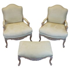 2 Kreiss Luxury Marquesa Lounge Club Bergere Chairs & Ottoman Spanish Revival 