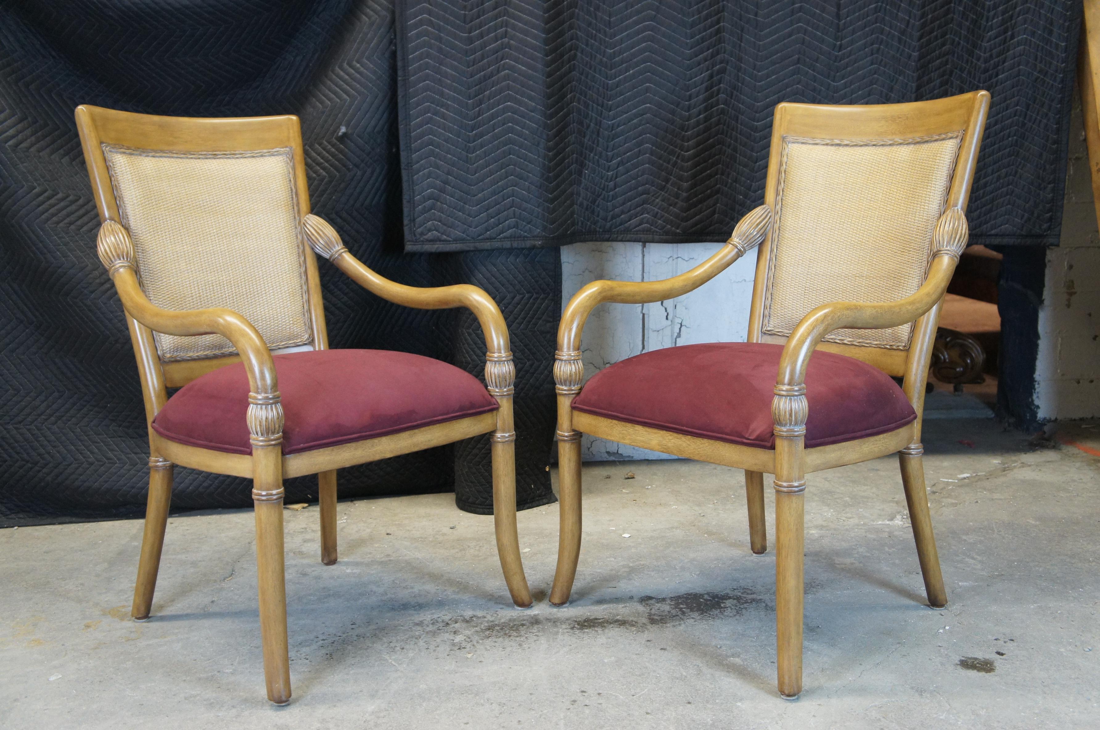 2 Kreiss luxuriöse moderne Empire-Stil Mahagoni und Korbweide Sessel mit Rückenlehne aus Wildleder (20. Jahrhundert) im Angebot
