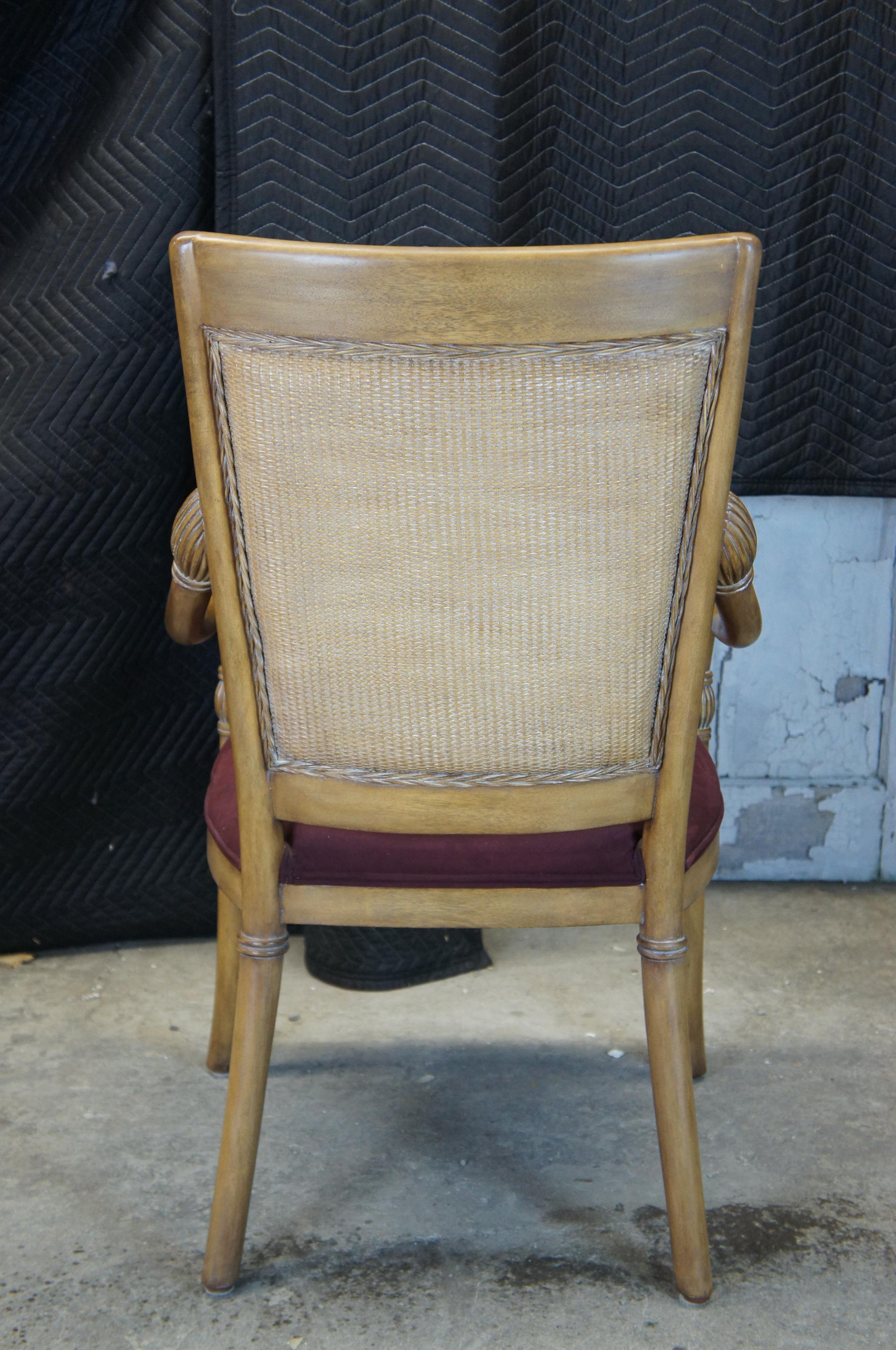 20th Century 2 Kreiss Luxury Modern Empire Style Mahogany & Wicker Back Arm Chairs Suede Seat For Sale