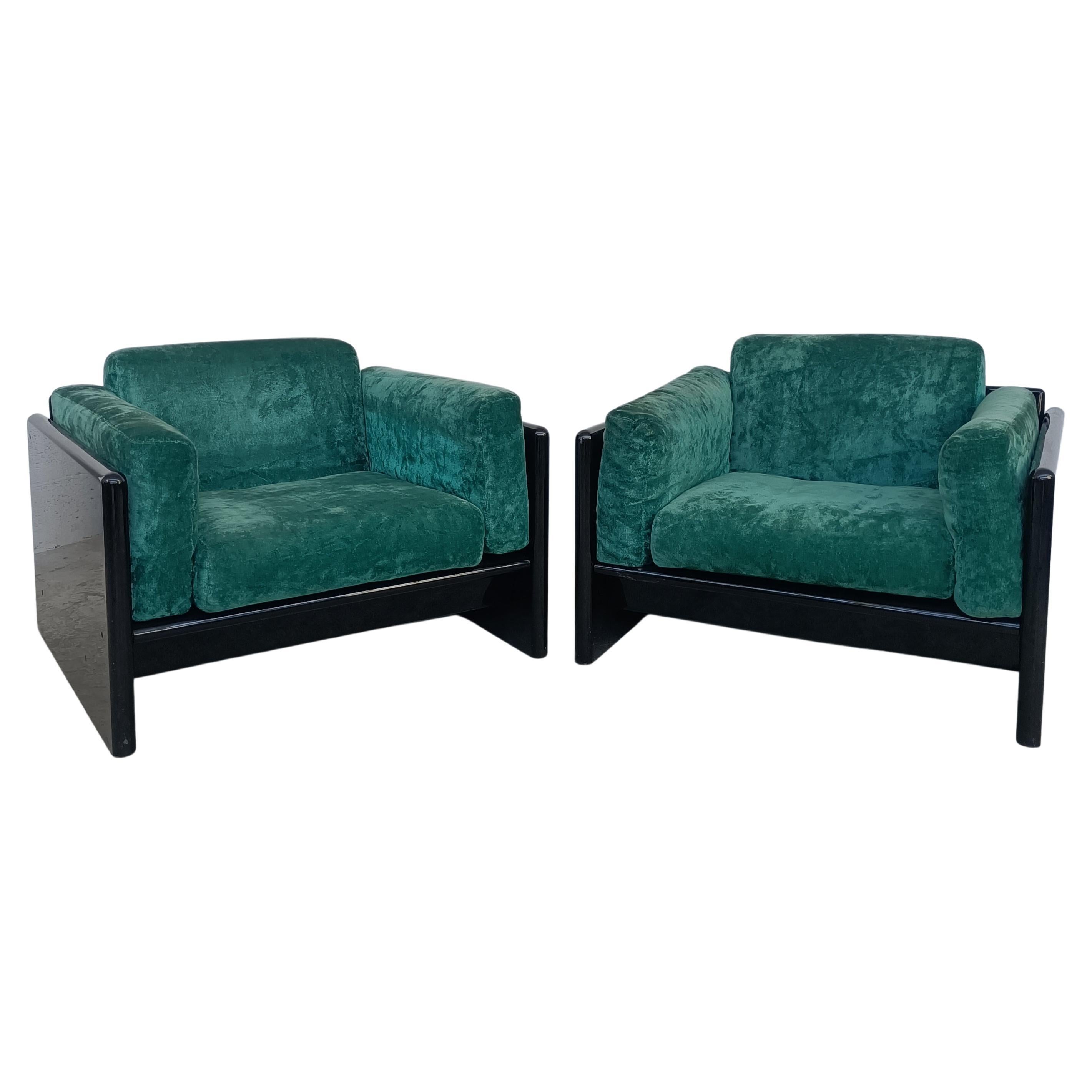 2 Lacquered and Green Velvet Simone Armchairs by Dino Gavina for Simon 70s