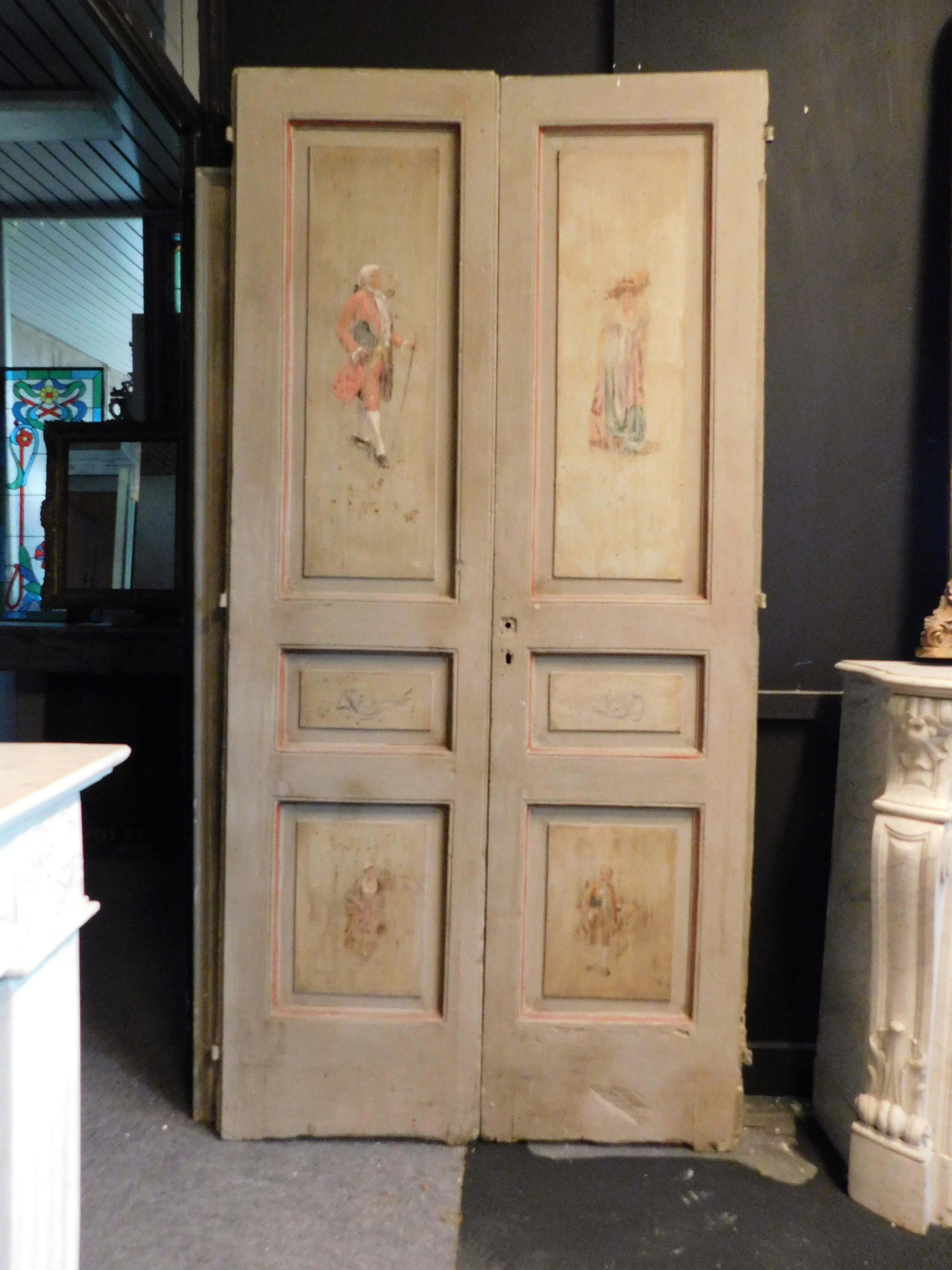 Laqué Ensemble de 2 portes doubles laquées et peintes avec des personnages, Italie en vente