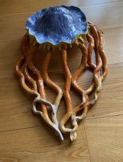 2 large 1950s Vietri ceramic sea creatures wall hangings blue, yellow and ochre