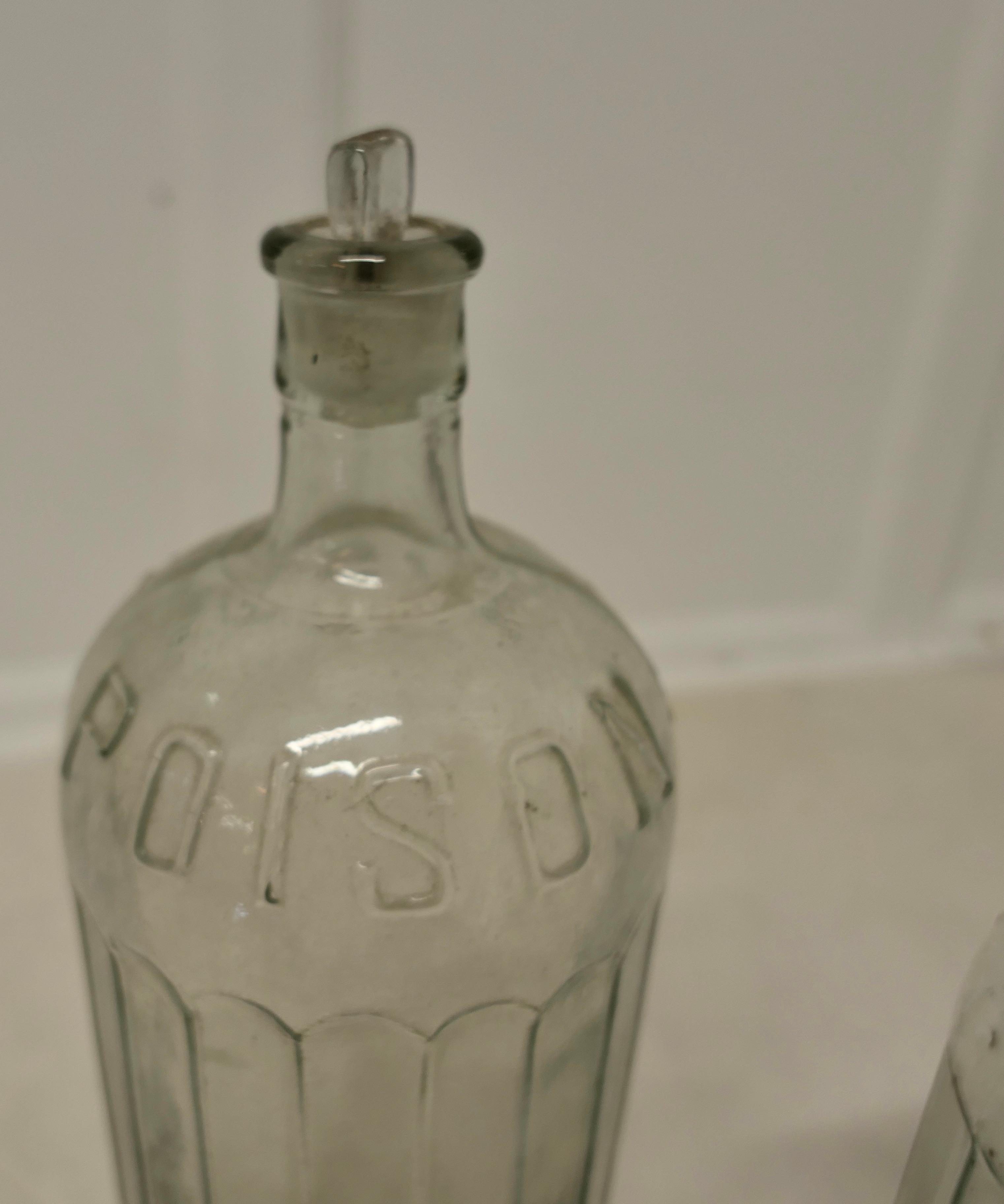 Industrial 2 Large 19th Century Clear Glass Pharmacy Poison Bottles For Sale