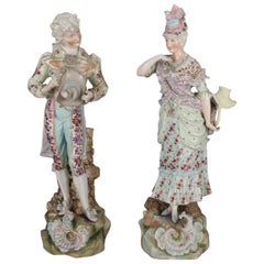 2 Large and Antique German Dresden School Hand Painted & Gilt Porcelain Figures