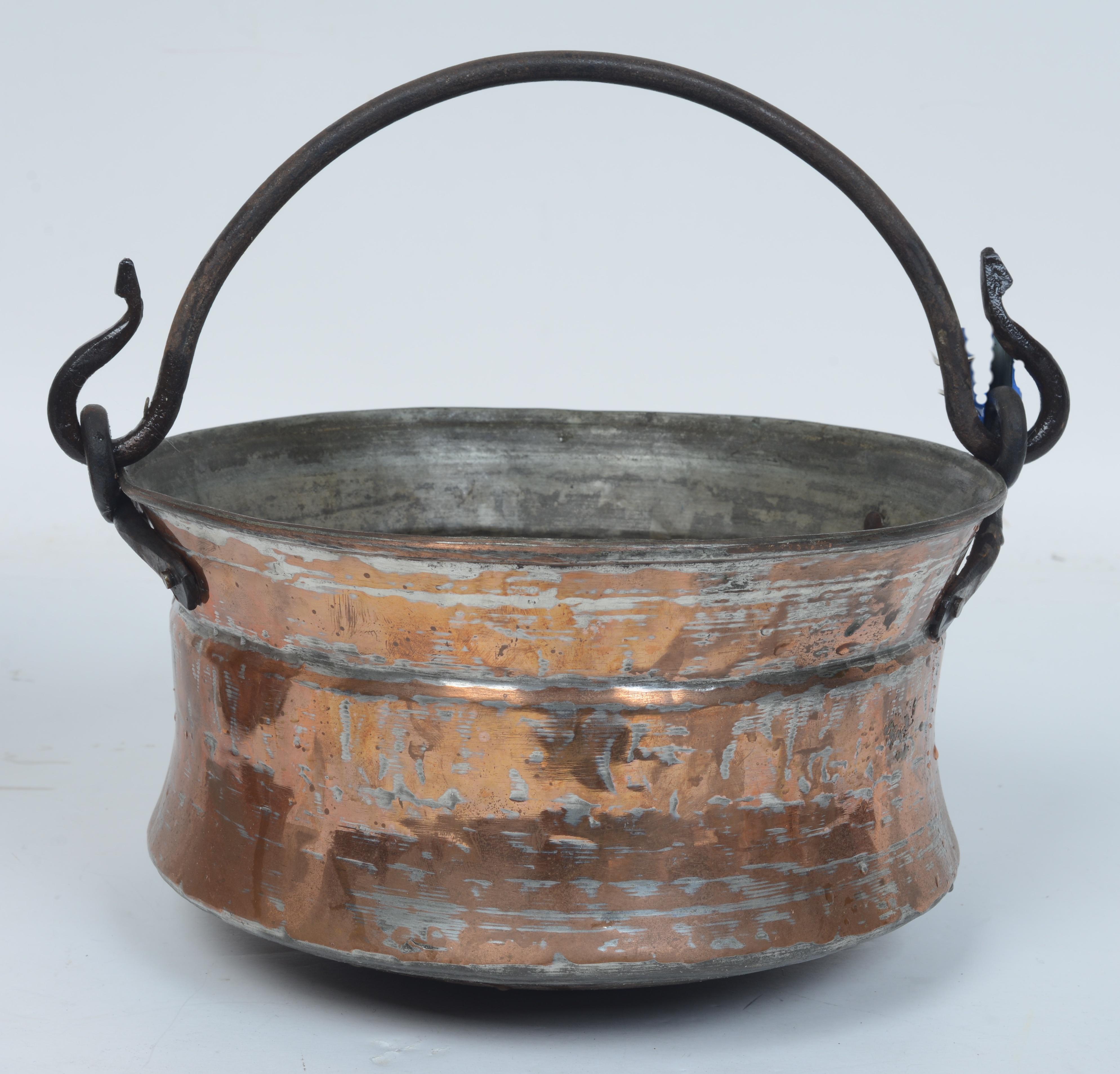 2 Large Antique Hammered Brass Pots With Cast Iron Swing Handles & Covered Pot For Sale 5