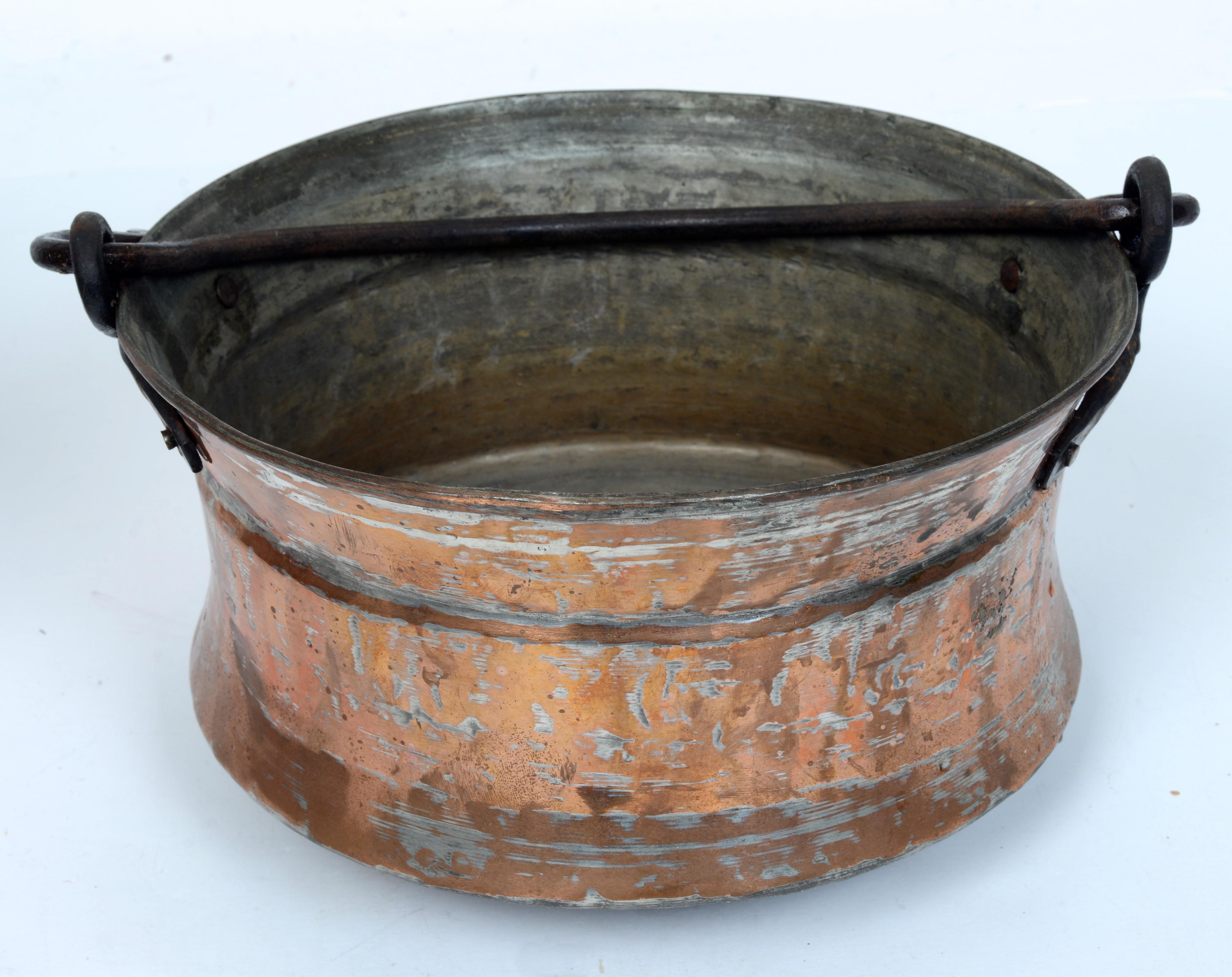 2 Large Antique Hammered Brass Pots With Cast Iron Swing Handles & Covered Pot For Sale 6