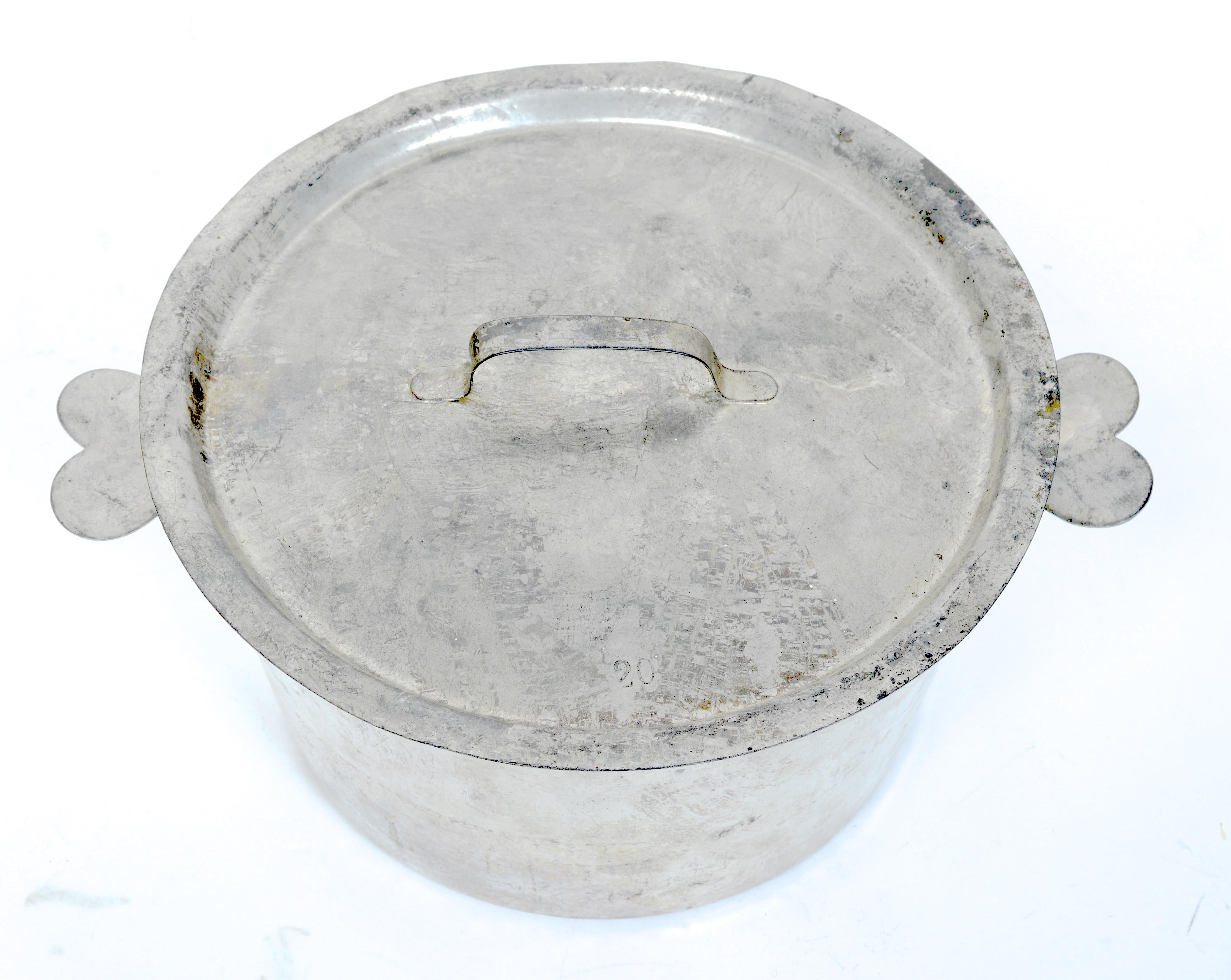 French 2 Large Antique Hammered Brass Pots With Cast Iron Swing Handles & Covered Pot For Sale