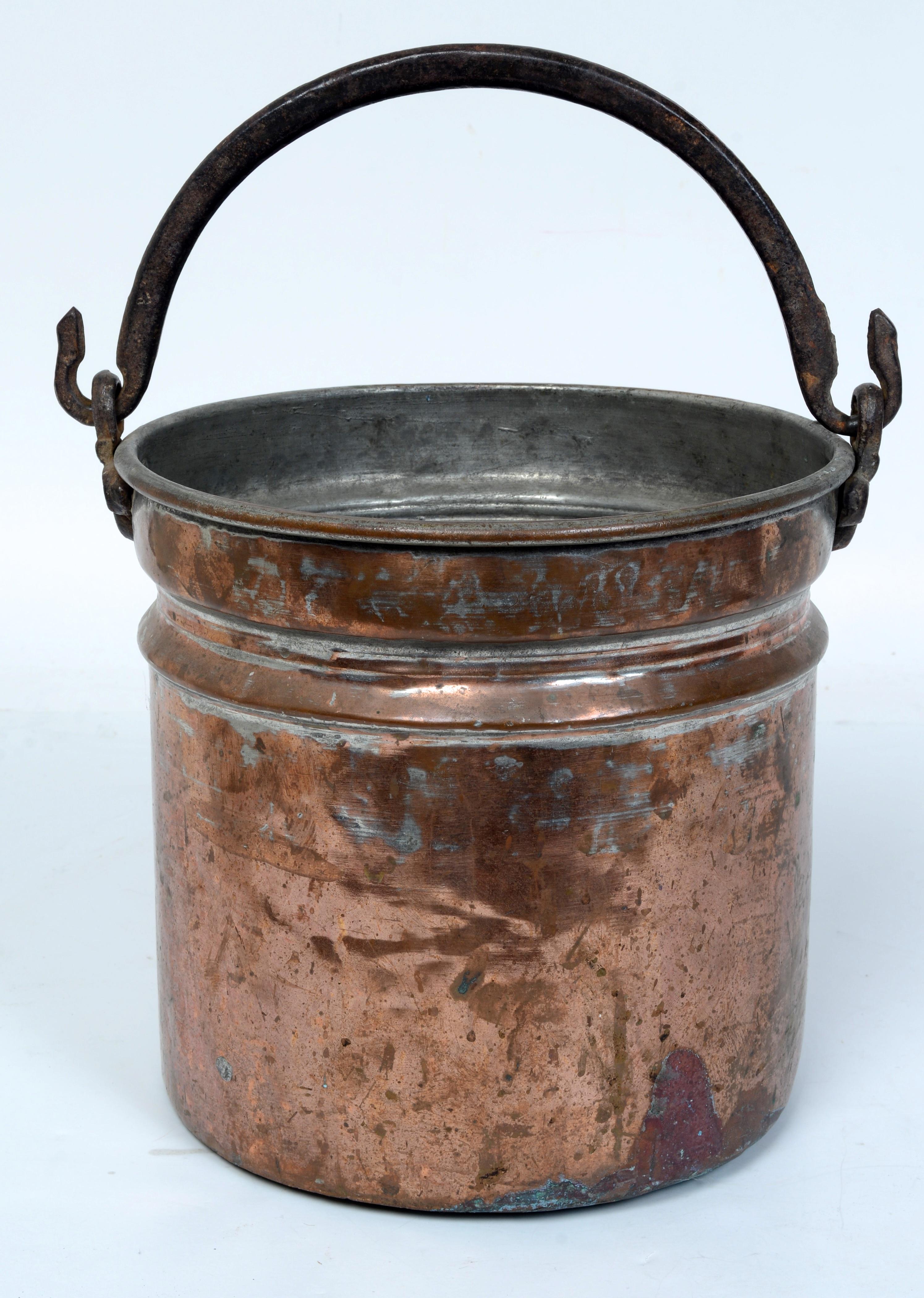 2 Large Antique Hammered Brass Pots With Cast Iron Swing Handles & Covered Pot For Sale 1